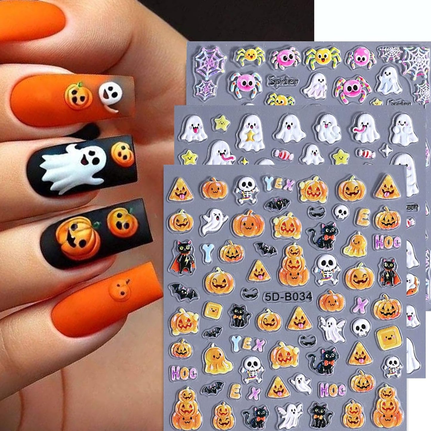 3 Sheets Halloween Nail Art Stickers 5D Embossed Nails Sticker Star Pumpkin Bat Spider Design Cute Ghost Nail Stickers for Women Girls Nail Decoration