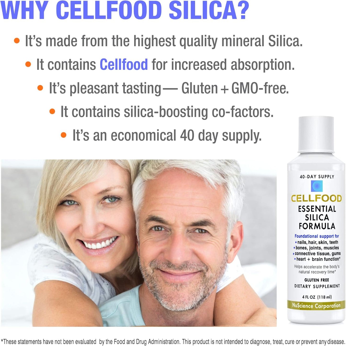 Cellfood Essential Silica Anti-Aging Formula, 4 fl oz - Supports Healthy Bones, Joints, Hair, Skin, Nails, Teeth & Gums - Easy to Absorb Liquid - Gluten Free, Thiaminase Free, Non-GMO - 40-Day Supply