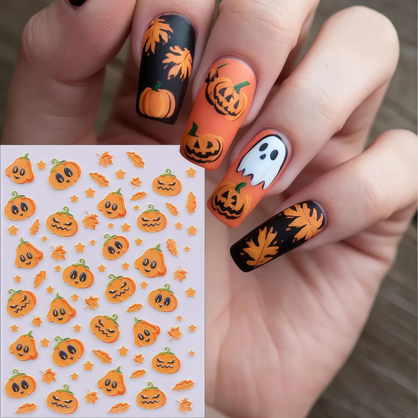 3 Sheets Halloween Pumpkin Nail Stickers 5D Embossed Self-Adhesive Pumpkin Fun Design Nail Decals Women Halloween DIY Nail Decoration