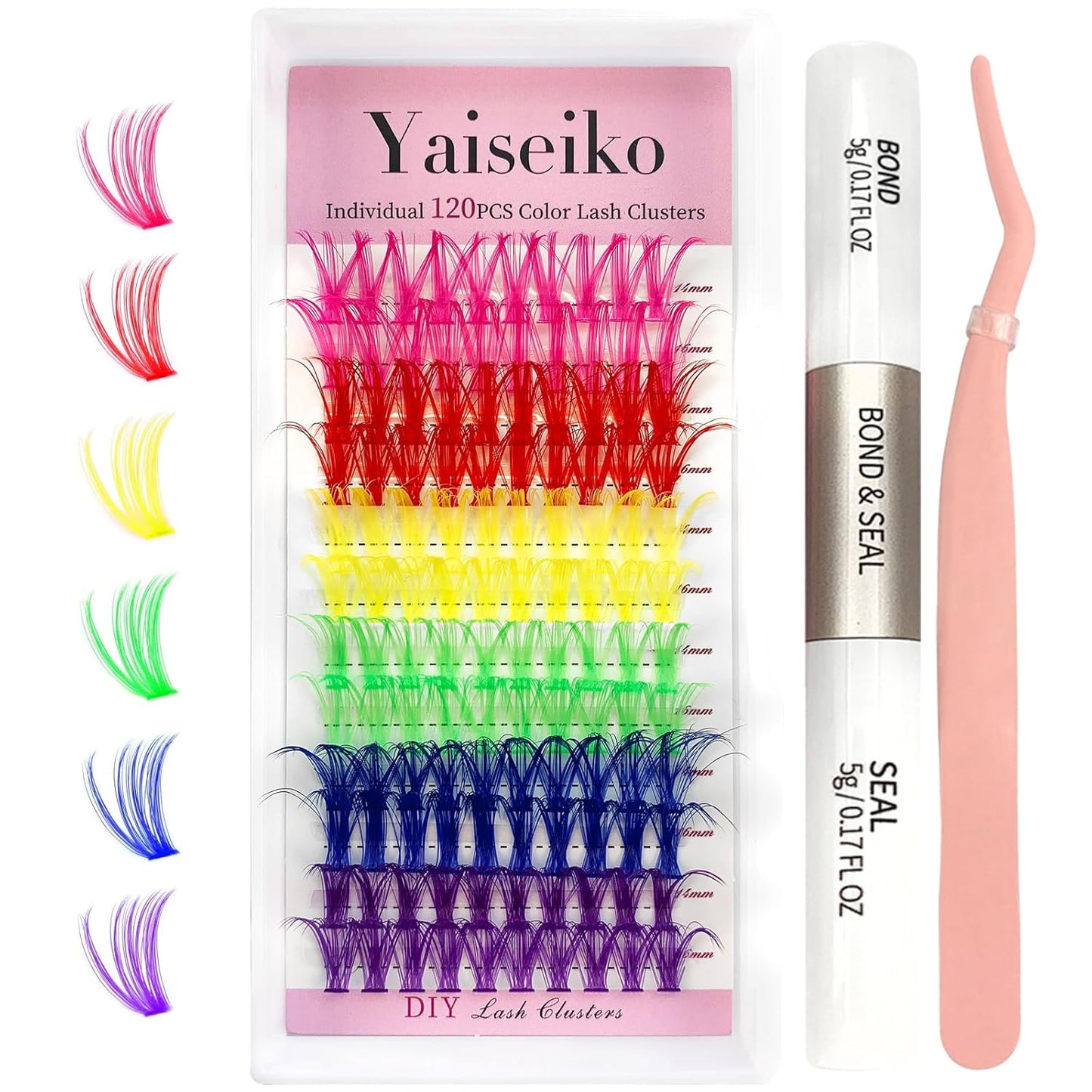 Eyelash Extension Kit Colored Lash Clusters Lash Extension Kit 6 Colors Rainbow Lash Clusters with Bond and Seal and Applicator Colorful Lash Extensions 14mm&16mm D Curl Lashes Cluster by Yaiseiko