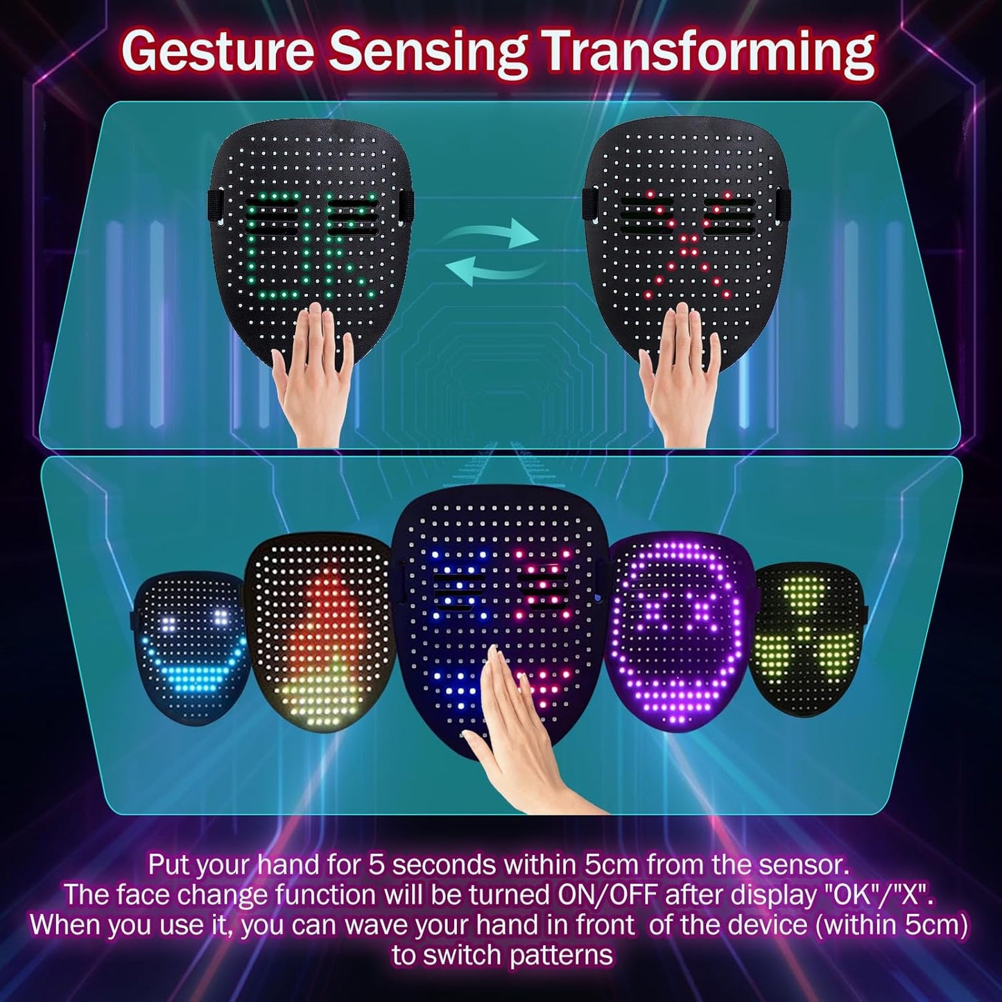 LED Mask with Gesture Sensing Transforming for Christmas/Birthday Present, Boys Light Up Masks for Halloween Role - Playing & Costume Parties
