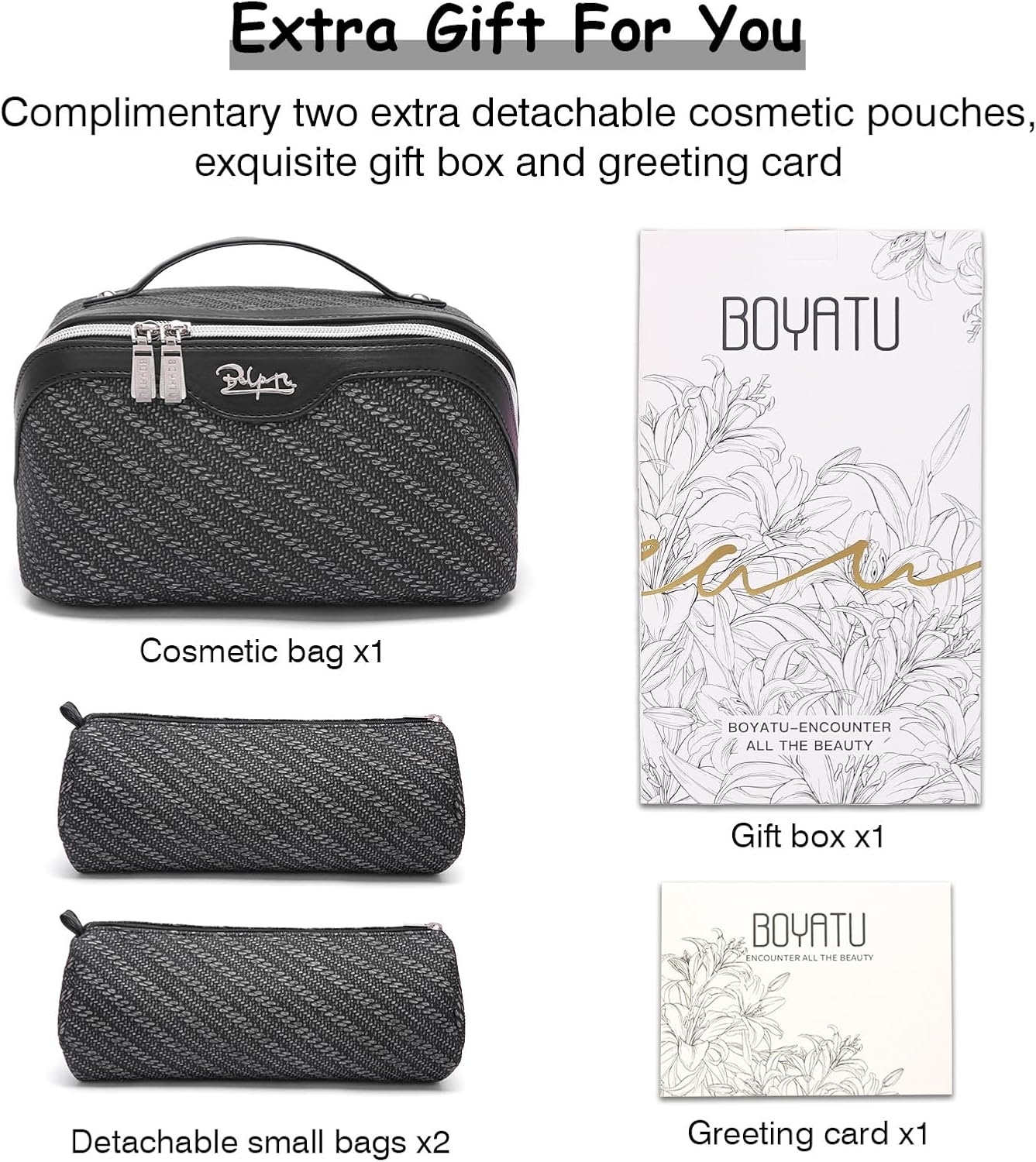 BOYATU Travel Makeup Bags for Women: Large Cosmetic Bag Waterproof - Vegan Leather Make up Bag Set of 3 - Compact Toiletry Organizer with Compartments & Handle & Divider (Z-Black)