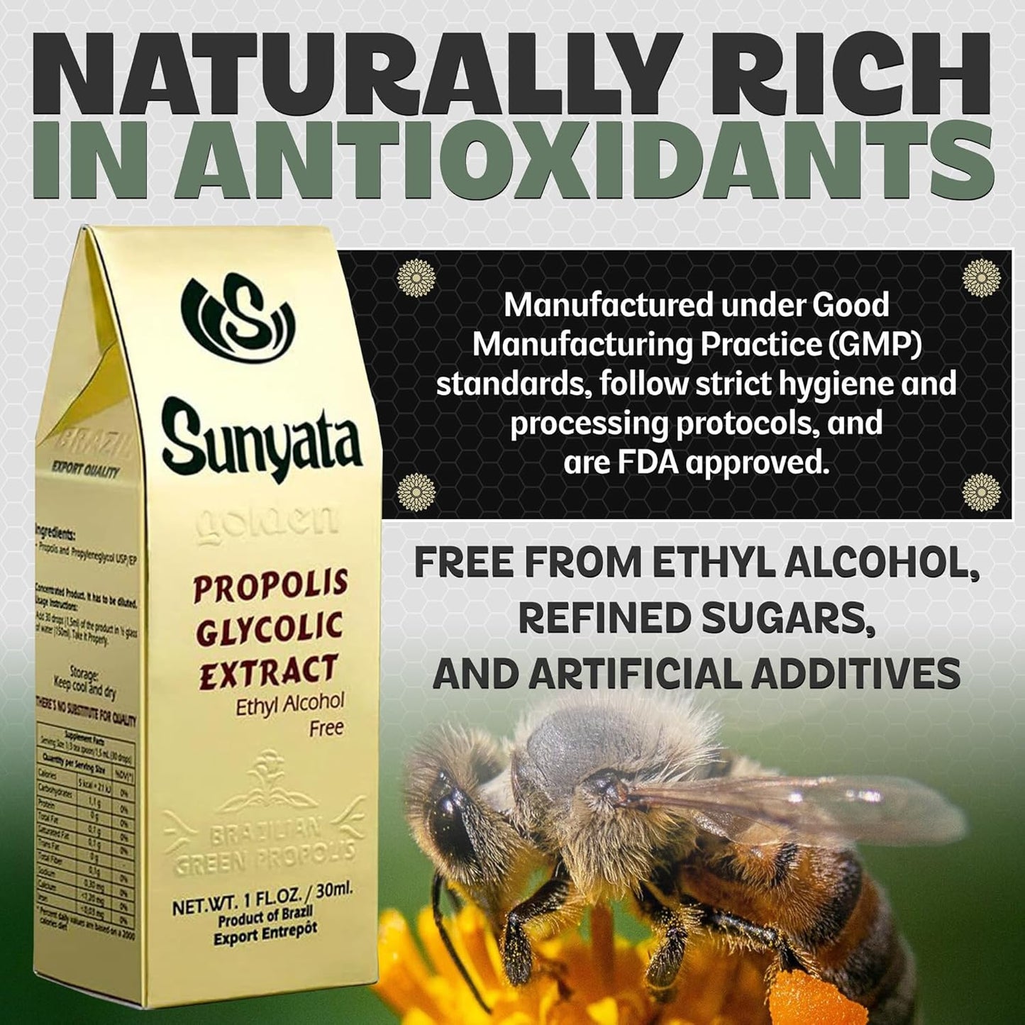Sunyata Brazilian Green Bee Propolis Liquid Extract – No Alcohol, Natural Immune Support & Antioxidant, 30ML (3 Pack)
