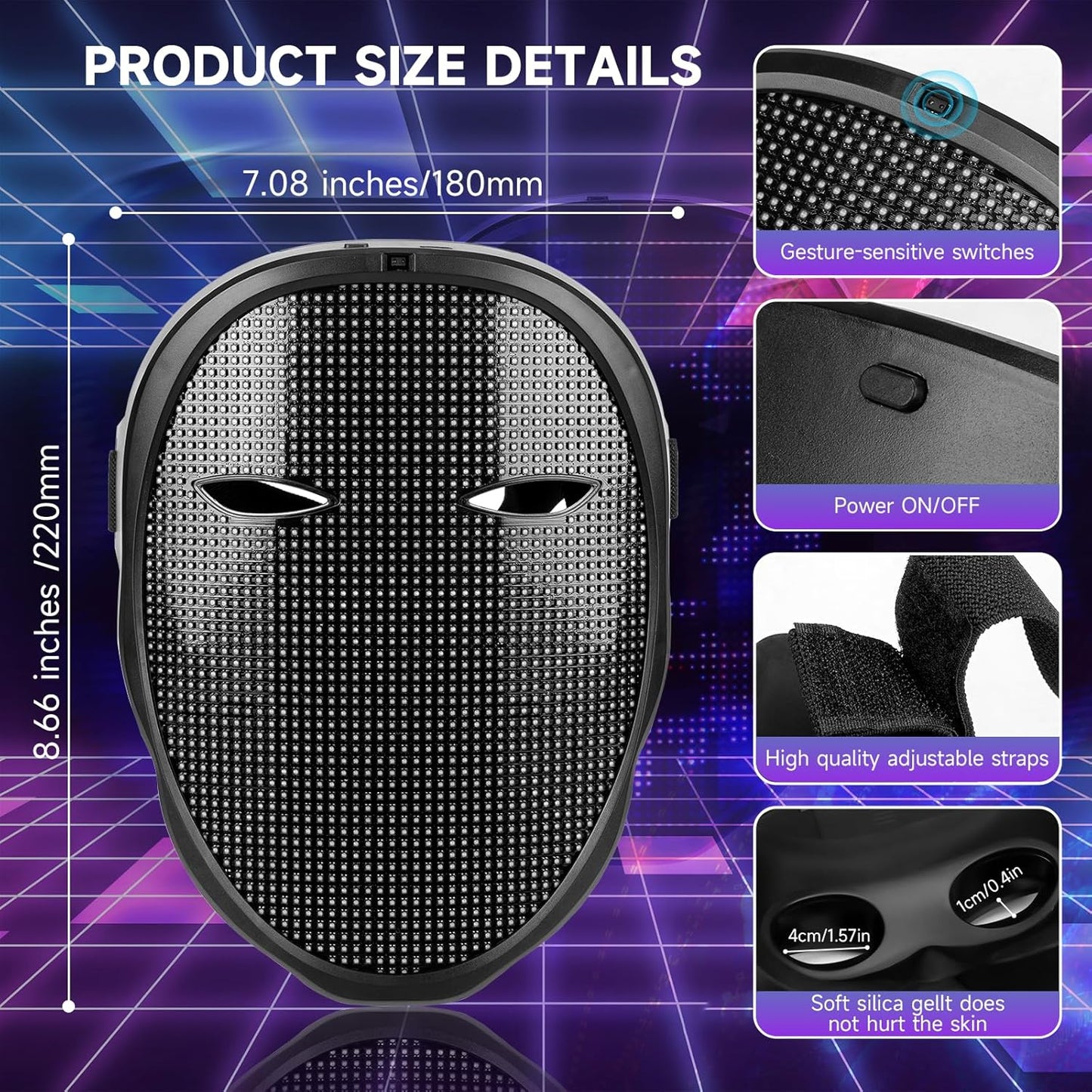 Led Mask with App Controlled,Programmable LED Halloween Mask,Digital Mask for Costume Cosplay Party Masquerade