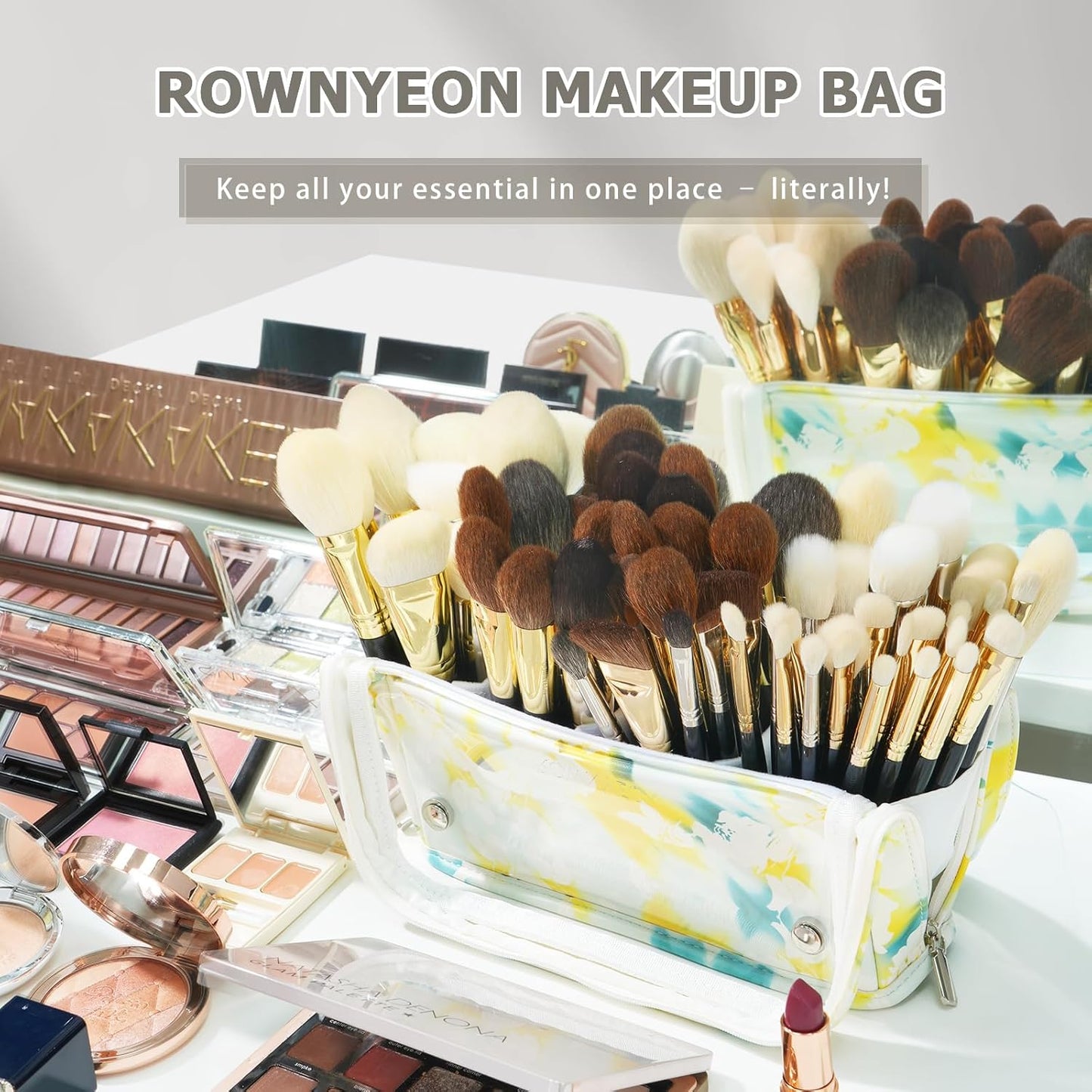 ROWNYEON Makeup Brush Bag, High Capacity Stand-Up Makeup Brush Holder, Travel Professional Cosmetic Bag Artist Organizer Bag Large Makeup Brush Case with Adjustable Divider (Brushes Not included)