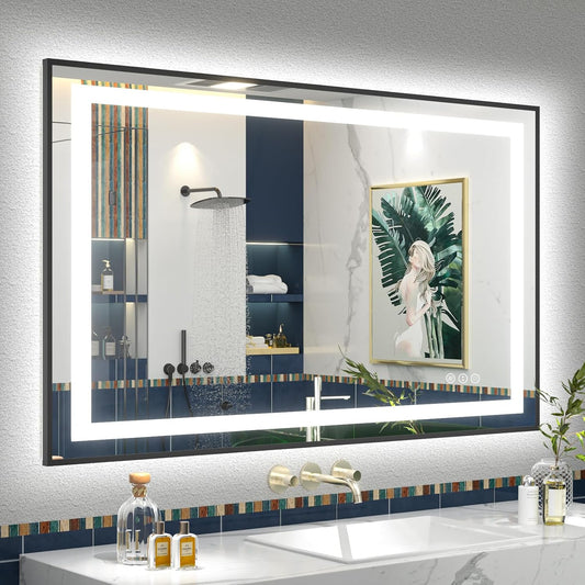 OKPAL 44x32 LED Bathroom Mirror, Lighted Bathroom Mirror with Black Frame, Lighted Vantiy Mirror for Bathroom, Defogger, Dimmable, Shatterproof, Memory, ETL Listed (Front Light and Backlit)