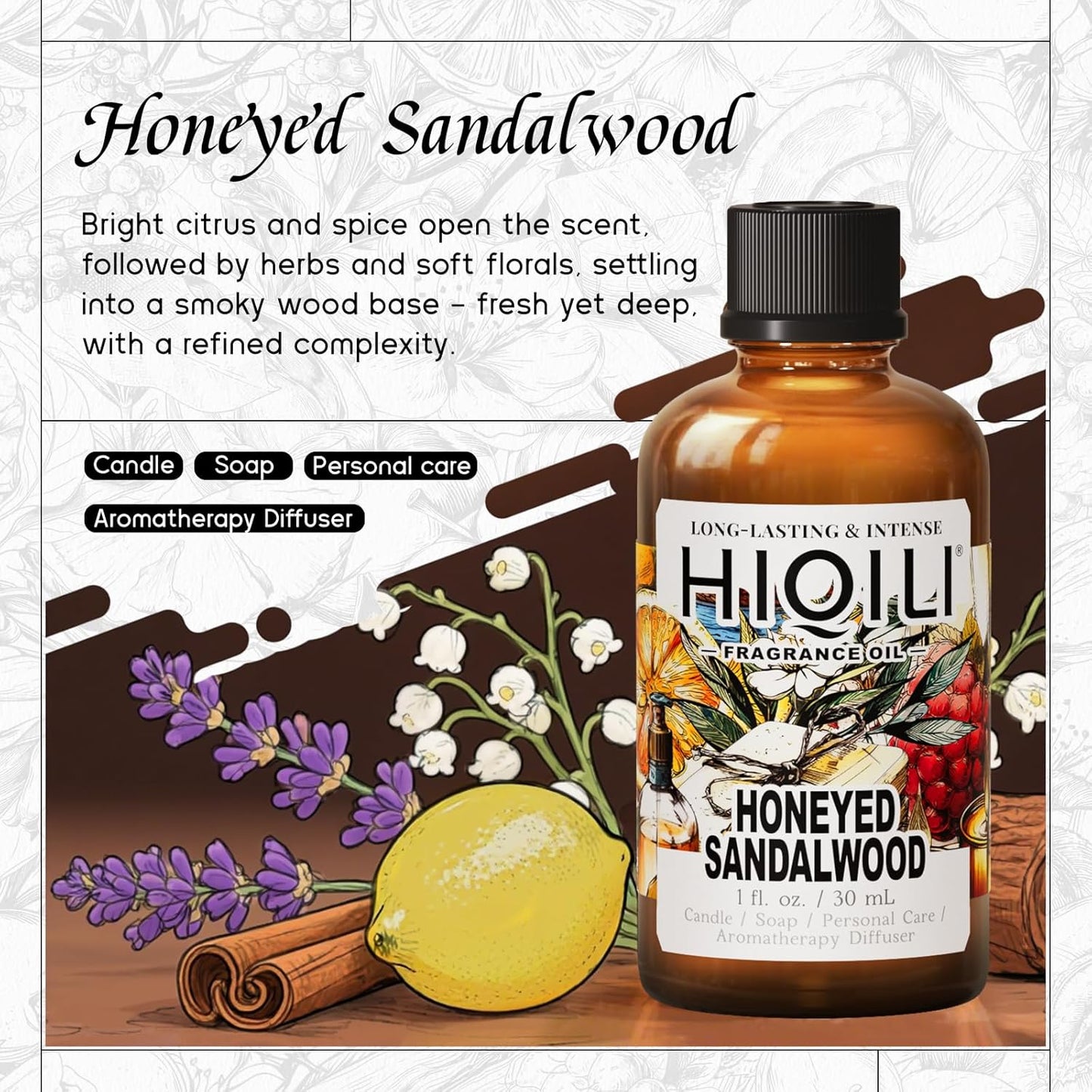 HIQILI Honeyed Sandalwood Fragrance Oil for Diffuser, Candle & Soap Making, Add to Dryer Balls, Lotion, Hotel Luxury Scents - 1 Fl Oz