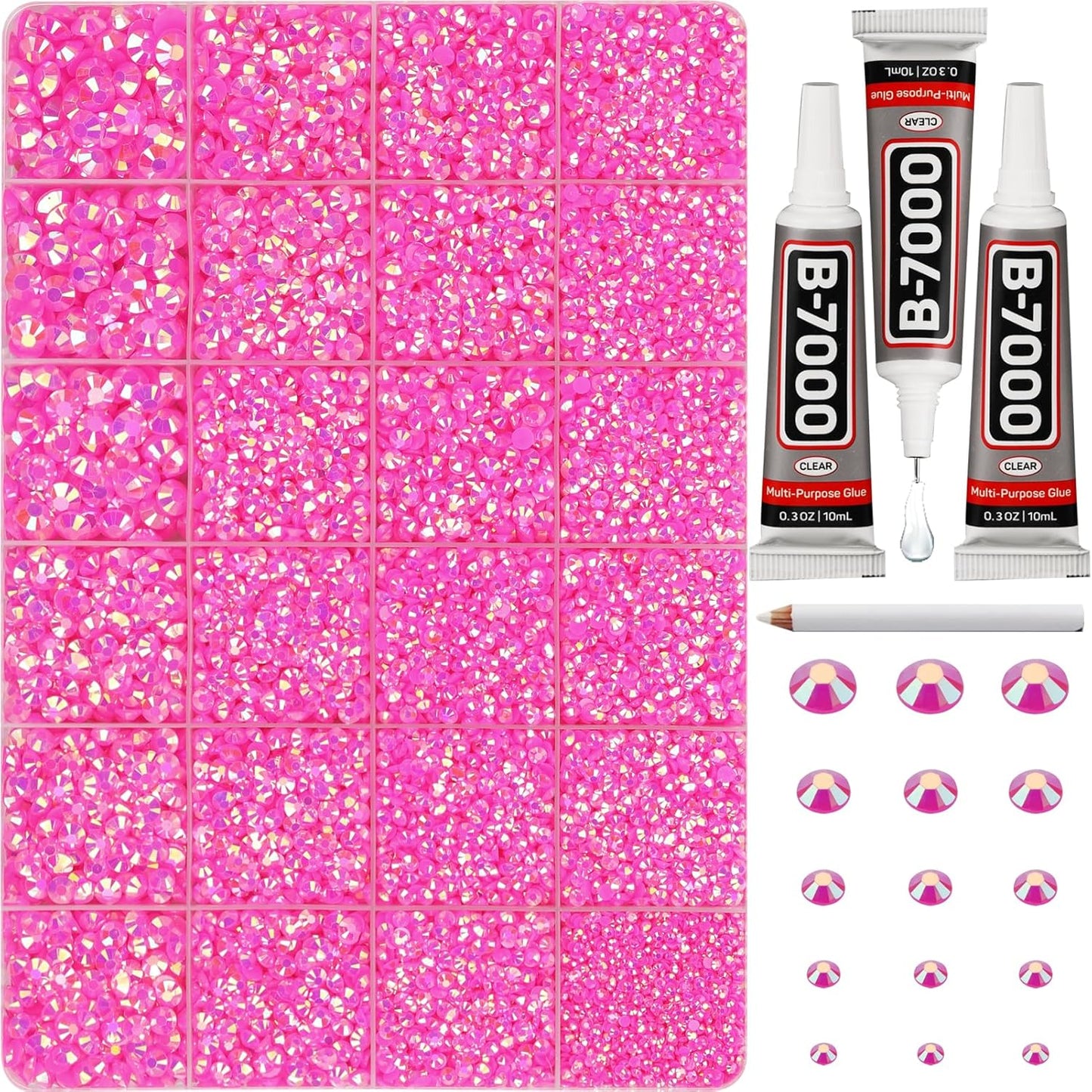 30000Pcs Resin Jelly Rhinestones Set for Crafting Bedazzling, Hot Pink AB Flatback Gems Jewels for Crafts Clothes Shoes Fabric Outfit Makeup, Flat Back Crystal 2-6mm with b 7000 Glue