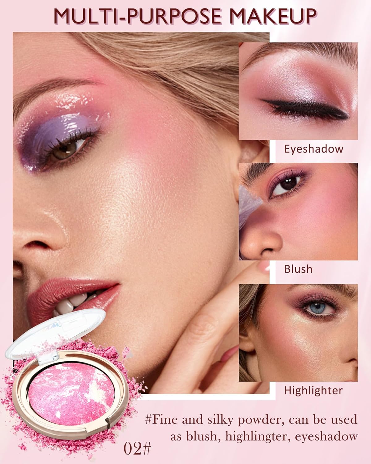 Baked Powder Blush, Glow Marbleized Blush Powder Palette,Lightweight Shimmery Facail Blusher for Face Cheeks,Eyeshadow & Highlight,Makeup Gift for Women rubores de maquillaje(0.49Ounce)-02