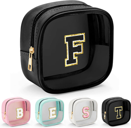 YOOLIFE Initial Makeup Bag Travel Toiletry Bag, Clear Makeup Bag Car Accessories For Women Clear Makeup Bags With Zipper Girlfriend Teacher 13 Year Old Girl Gifts Daughter Girl Gifts Mini Black F