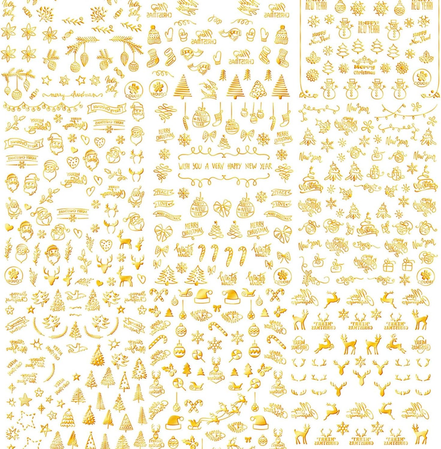 HNUIX Nail Stickers - 3D Christmas, Self Adhesive Nail Decals, Multi Pattern, Gold, 9 Sheets, for Nail Art