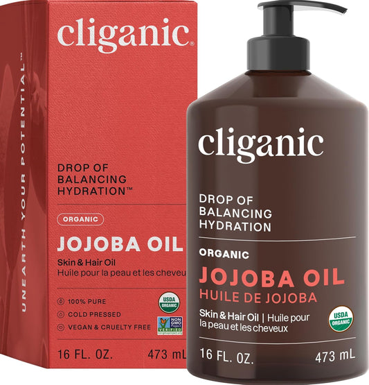 Cliganic Organic Jojoba Oil 16oz with Pump, 100% Pure | Bulk, Moisturizing Oil for Face, Hair, Skin & Nails | Natural Cold Pressed (Packaging May Vary)