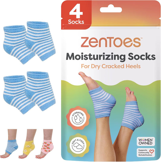 ZenToes Moisturizing Socks for Cracked Heel Treatment - Vitamin E, Olive Oil and Jojoba Oil Infused Heel Socks to Soften and Hydrate (Blue & White Stripes, Regular)