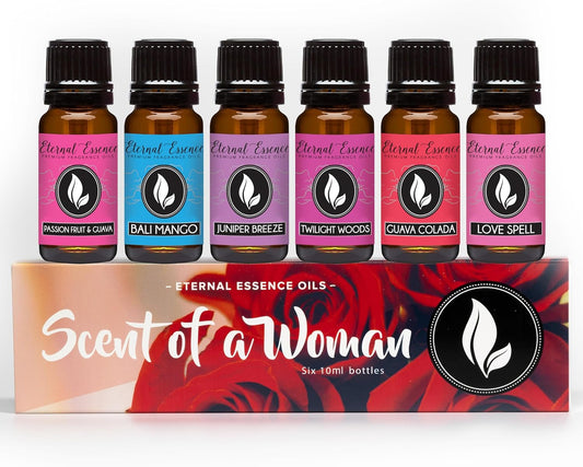 Eternal Essence Oils Scent of a Woman Set of 6 Premium Fragrance Oils - Includes Guava Colada, Twilight Woods, Bali Mango, Passion Fruit & Guava, Juniper Breeze, and Love Spell Scented Oils - 10ML