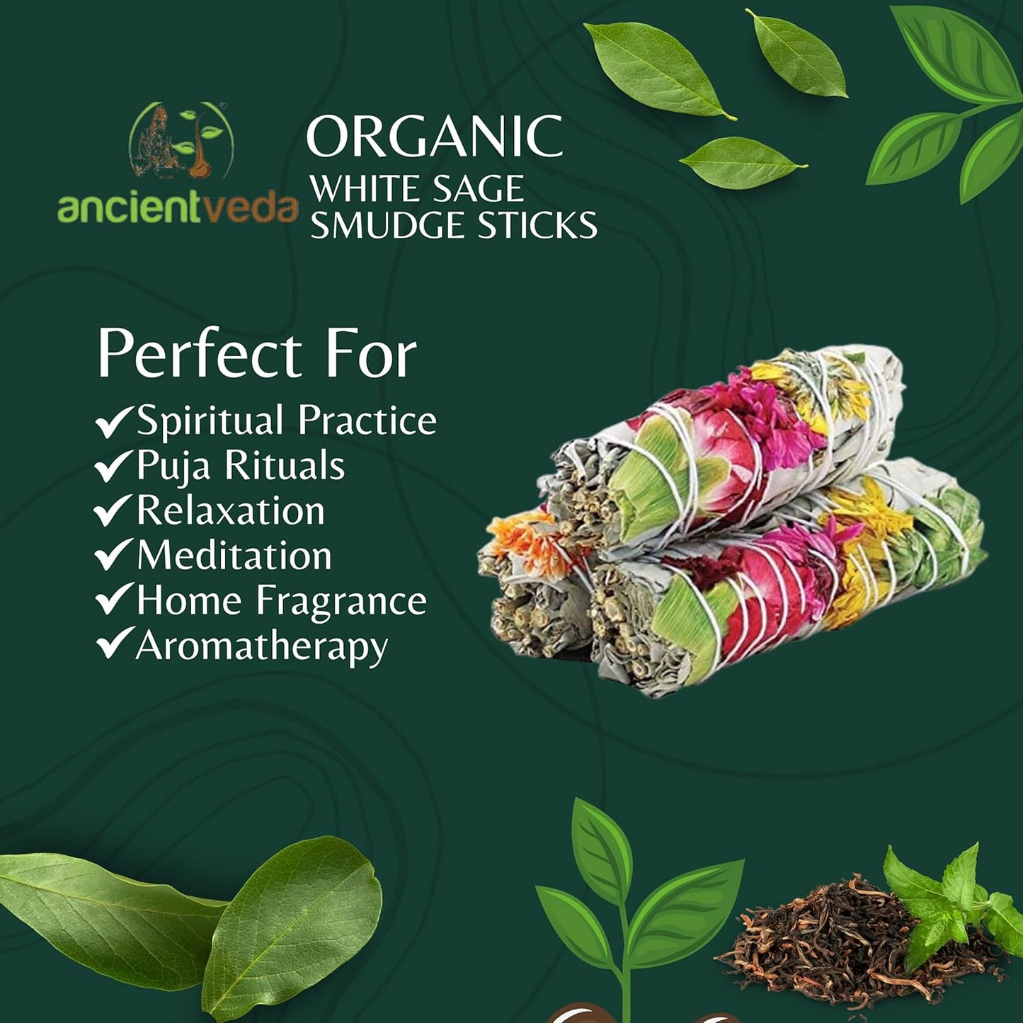Ancient Veda Joy Organic White Sage Smudge Sticks with Flowers for Cleansing Home, Meditation, Yoga, Healing and Smudging | Sustainably Sourced California White Sage Bundles (3 Pack - 4 Inch)