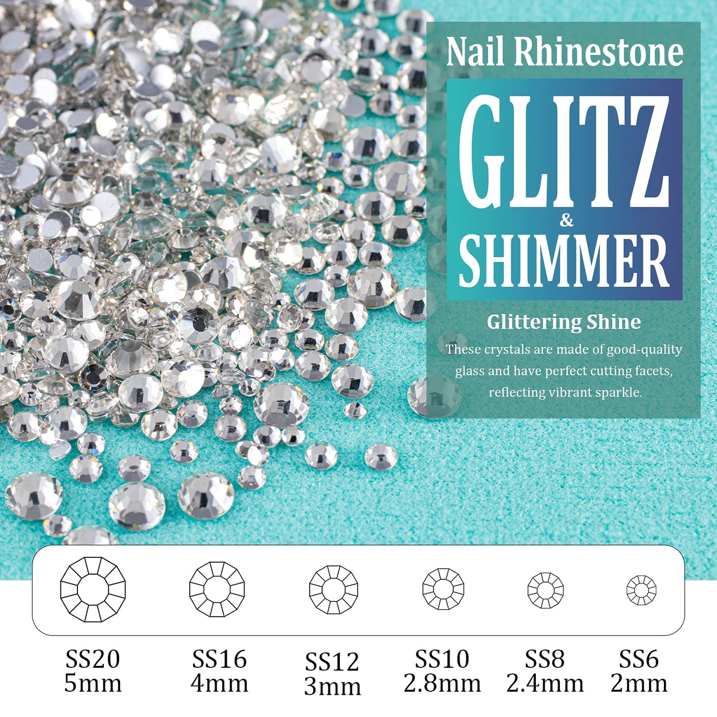 6 Sizes Transparent White Silver Glass Crystal Kit with Pickup Pen + Tweezer Tools for Shine Nail Art Manicure Makeup DIY Decoration Flatback Round Rhinestone Gem Jewelry Diamond