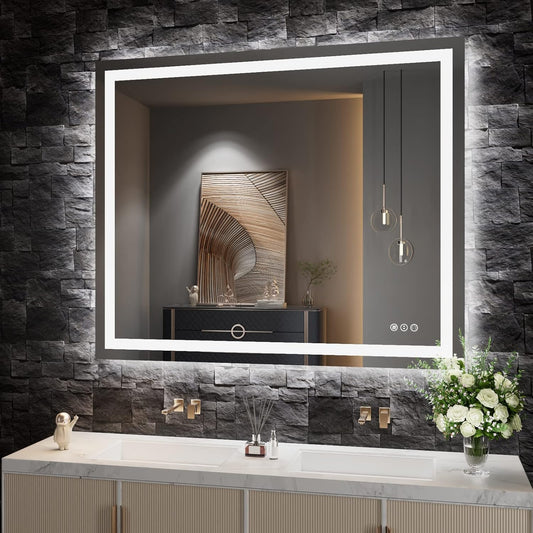 Amorho LED Bathroom Mirror 48''X40'' with Front and Backlit, Stepless Dimmable Wall Mirrors with Anti-Fog, Shatter-Proof, Memory, 3 Colors, Double LED Vanity Mirror, ETL Listed