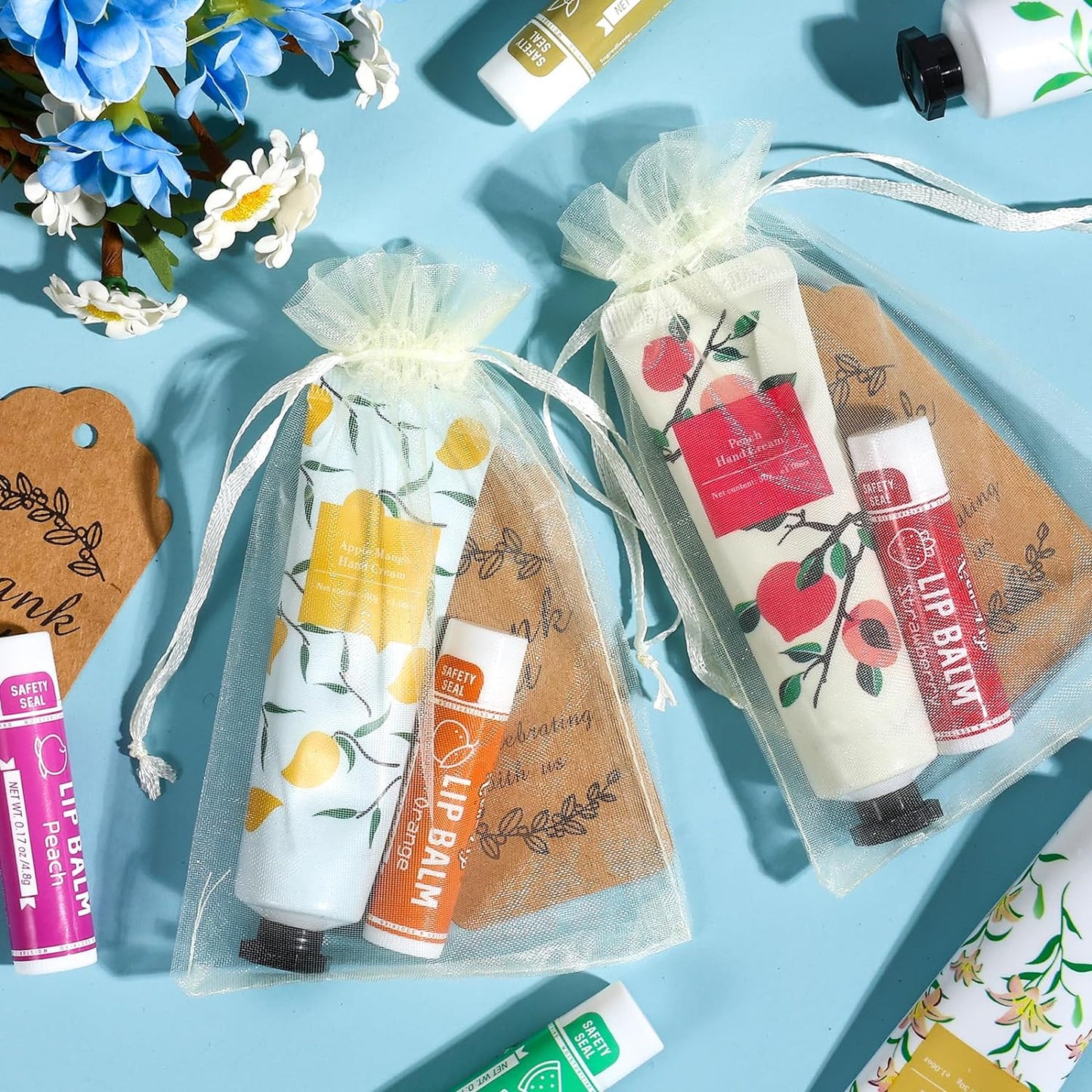 AZEN 60 Sets Bulk Gifts, Hand Cream and Lip Balm Bulk Set with Organza Bag Thank You Card, Baby Shower Wedding Gifts for Guests, Bridal Wedding Favors for Guests,Thank You Gifts for Women