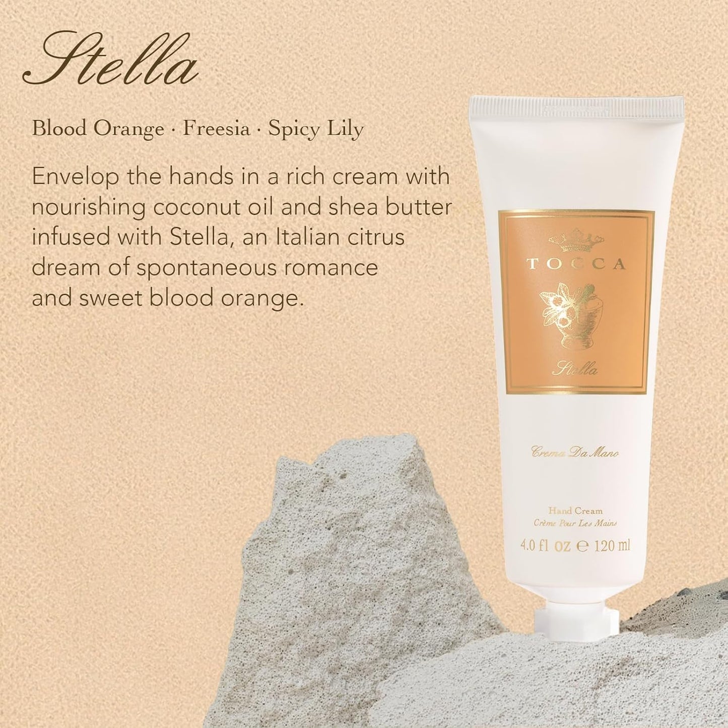 Tocca Crema de Mano Luxe, Stella Hand Cream, 4 oz - Blood Orange, Freesia, Spicy Lily - Moisturizing, Quick Absorbing