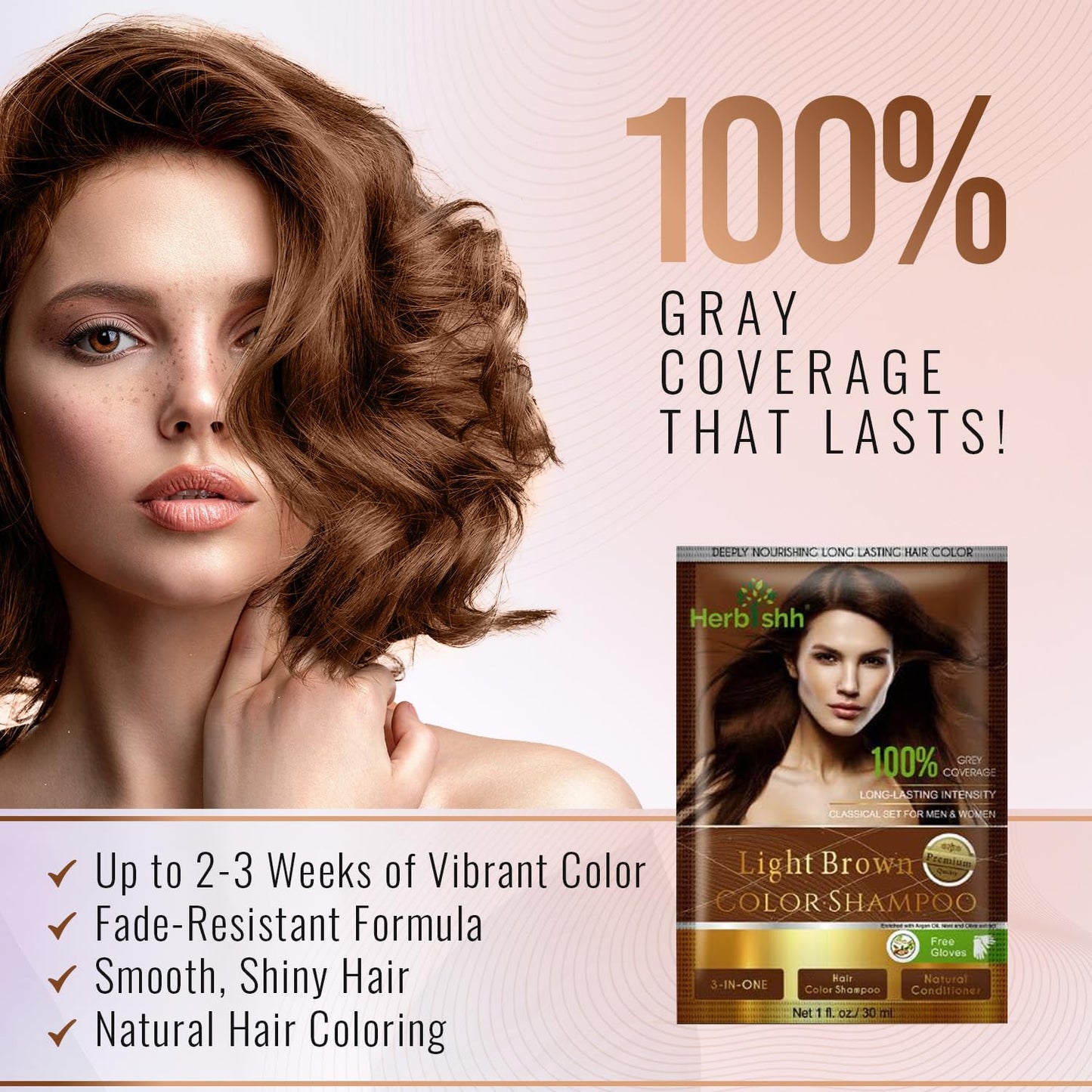 Herbishh Hair Color Shampoo for Gray Hair–Natural Hair Dye Shampoo with Argan Hair Mask–Travel size-Colors Hair in Minutes–Long lasting colour–10pack+1pack–Ammonia-Free (Light Brown)