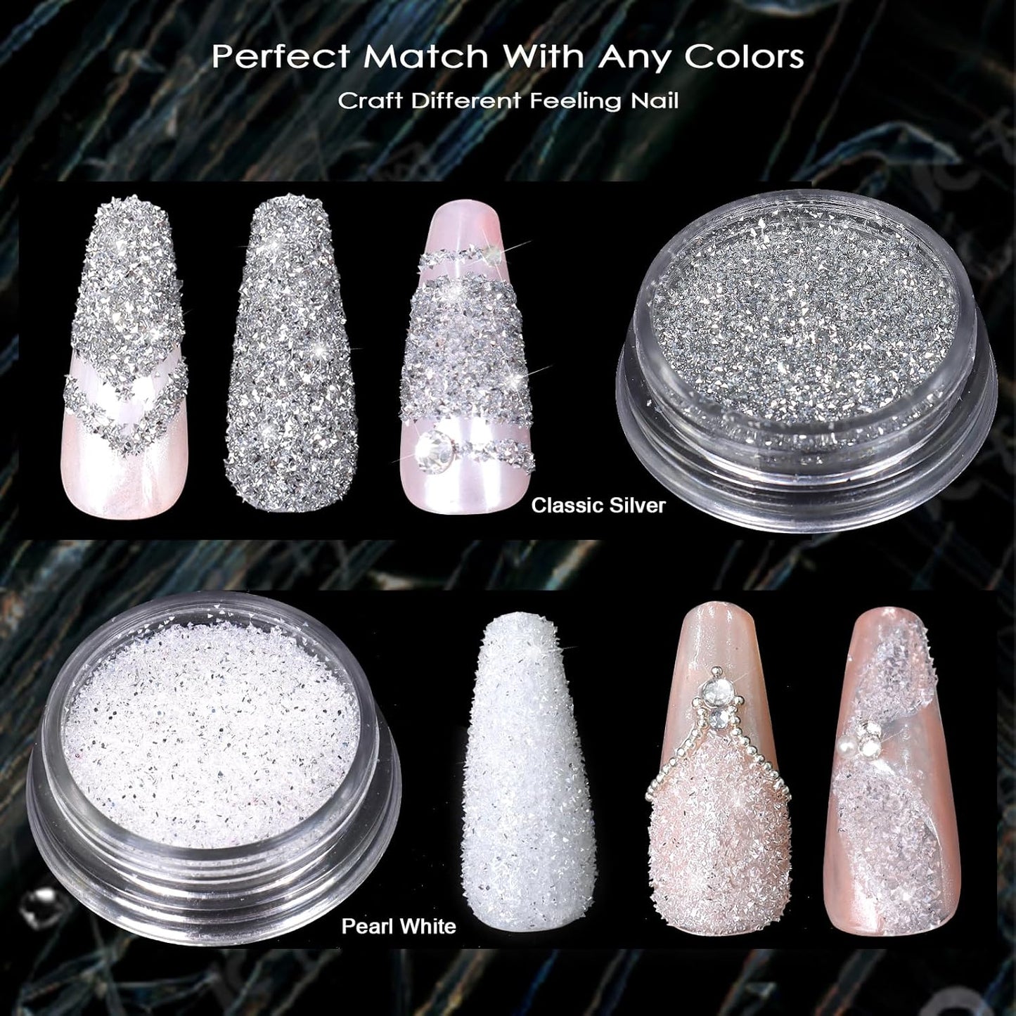 Allstarry Nail Glitter, 2 Colors Sparkling Silver Reflective Glitter Shiny White Diamond Dust Shimmery Sequins Crystal Gems for Nail Art Disco Party Nightclub Raves Festivals Concert Shows Wedding