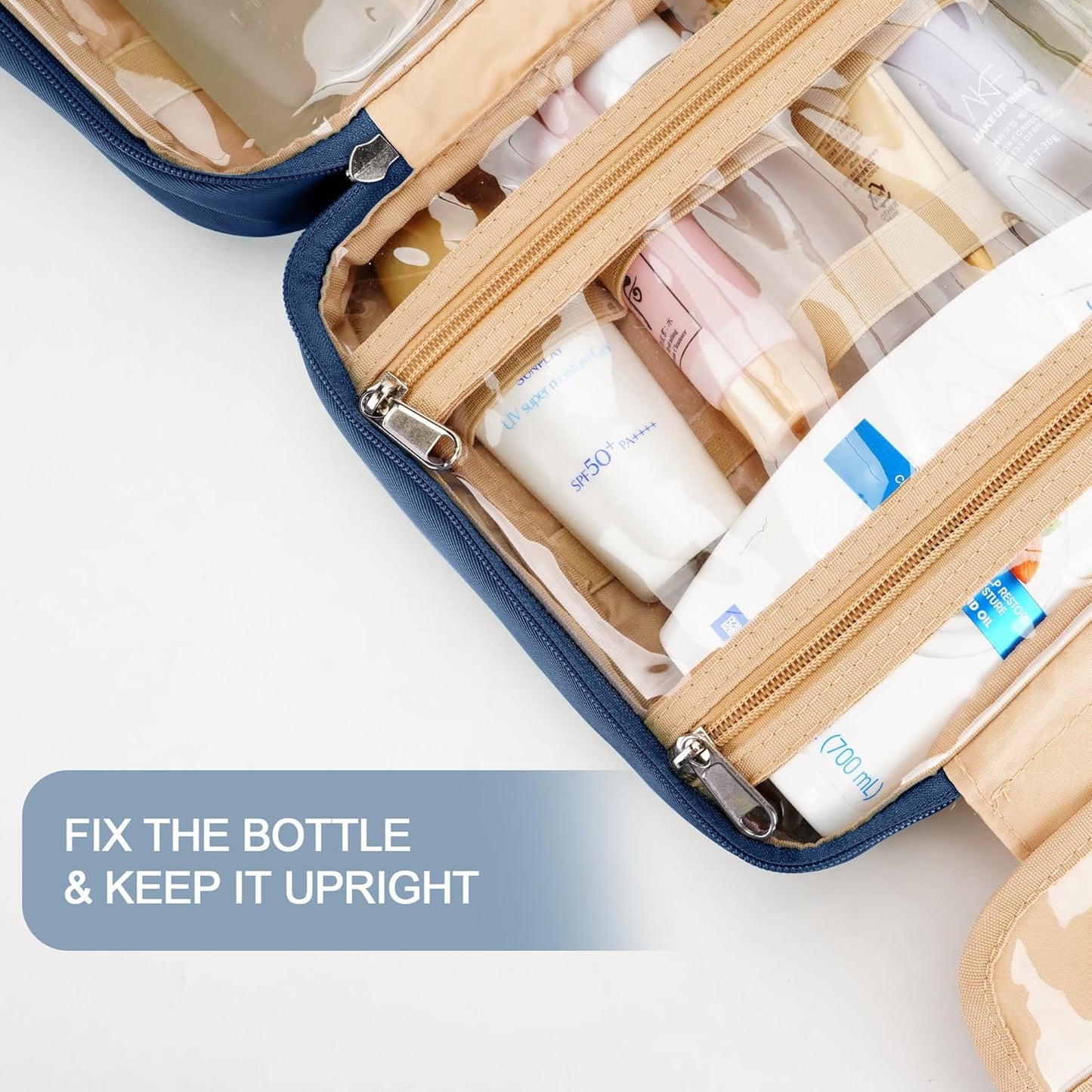 Travel Hanging Toiletry Bag for Women and Men, with 8 Leak Proofing Silicone Bottle Covers, Waterproof Makeup Accessories, Cosmetic Essentials, Toiletries Dopp Kit Set with Jewelry Organizer, Navy