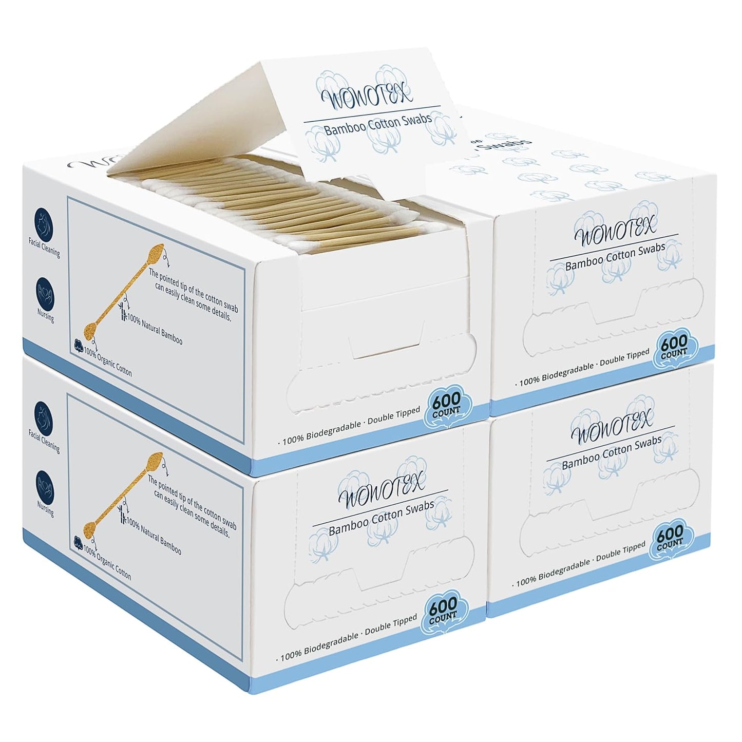 Bamboo Cotton Swabs 2400 Count/4 Box, One Pointed Tip and One Rounded Tip, Biodegradable Cotton Buds with Organic Bamboo Sticks, for Ear Wax Removal, Draw the Eyeliner, Nail Polish Touch-ups