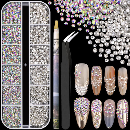 3600pcs Glass AB and Transparent White Nail Rhinestones 6 Sizes(1.8/2/2.4/2.8/3/4mm) Flatback Crystal Nail Charms Jewels Decoration for Nail Art and Crafting, Tweezer and Pickup Pen included