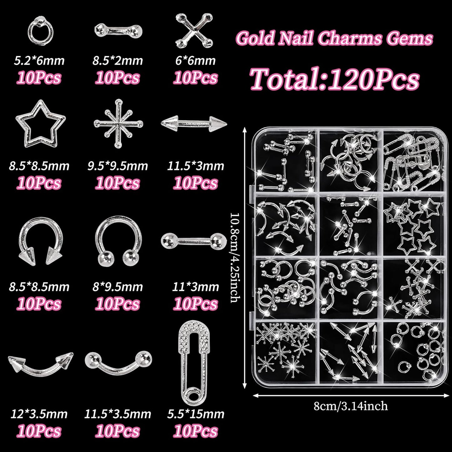 120 Pcs Silver Nail Charms and Gems – Variety of 3D Acrylic Cross Charms for Nails, Sturdy & Easy-to-Apply Nail Decorations for DIY & Professional Use, Versatile for Y2K & Daily Manicure Designs A