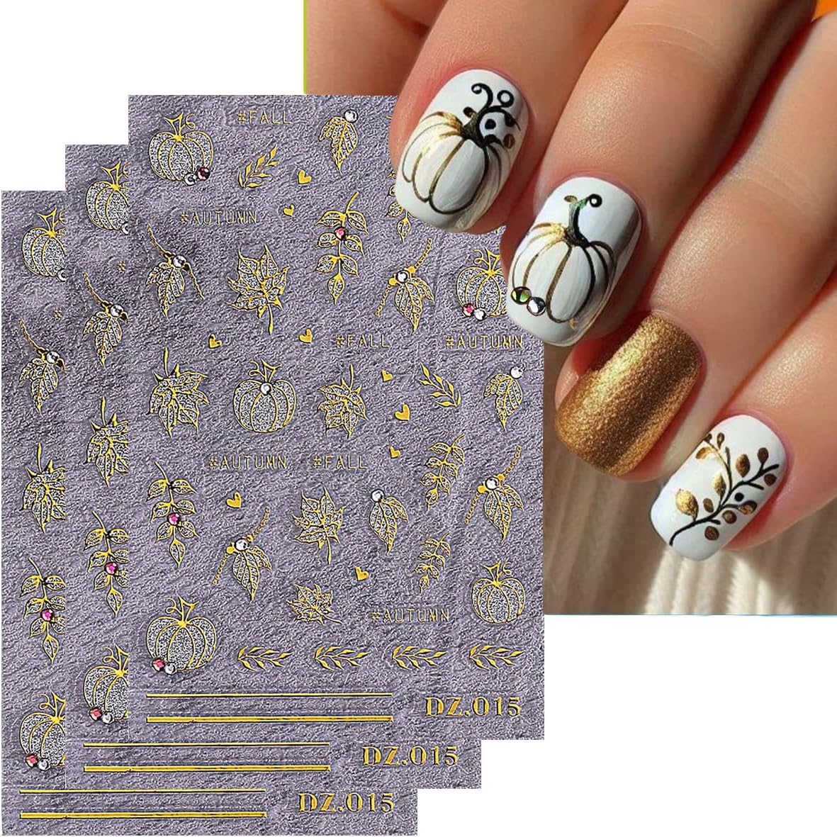 3 Sheets Fall Gold Nail Stickers for Nail Art Cute Gold Pumpkin Nail Decals Autumn Maple Leaf Nail Art Stickers 5D Self-Adhesive Glitter Thanksgiving Day Nail Decoration for Women Nails Design