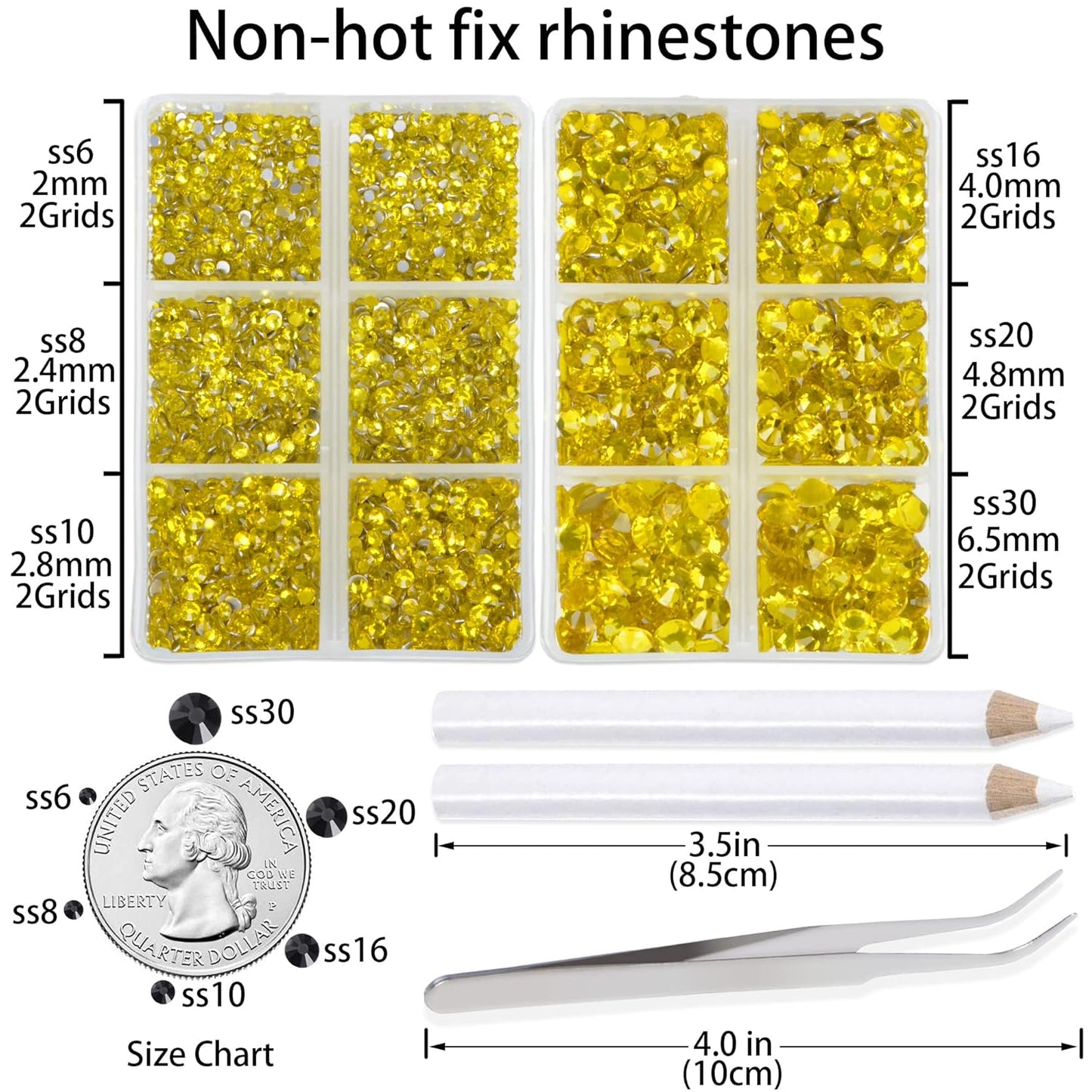 LPBeads 6000 Pieces Citrine Non Hotfix Rhinestones 6 Sizes Round Crystal Glass Flat Back Rhinestones with Tweezers and Picking Pen for Nail Art Crafts Clothes Bags DIY