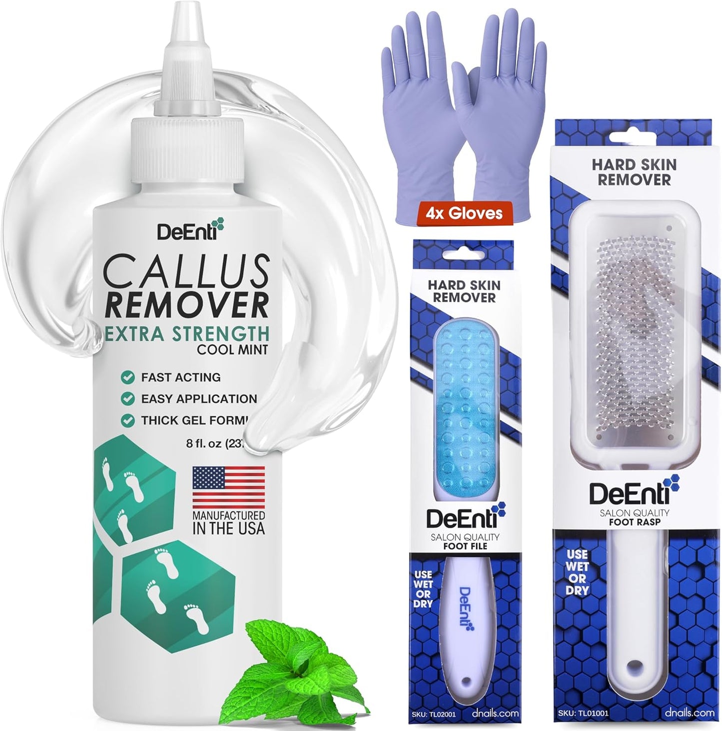 DeEnti Callus Maintenance Pack, Bundle Includes Mint Scented Callus Remover, Metal Foot Rasp, Foot File, and 4 Pairs of Gloves, Salon Grade Foot Care, Home Manicure and Pedicure Kit