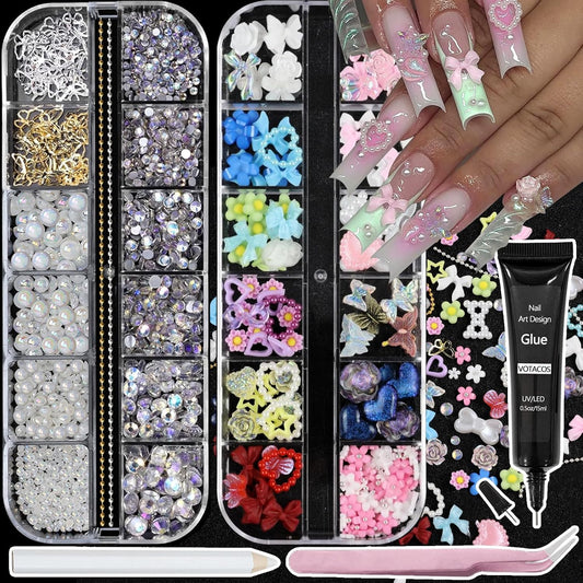 Nail Art Charms Flatback Nail Pearls Rhinestones with Rhinestones Glue Gel Flower Butterfly Nails Gems Supplies Accessories Clear Rhinestone for Women Nails Design Decoration