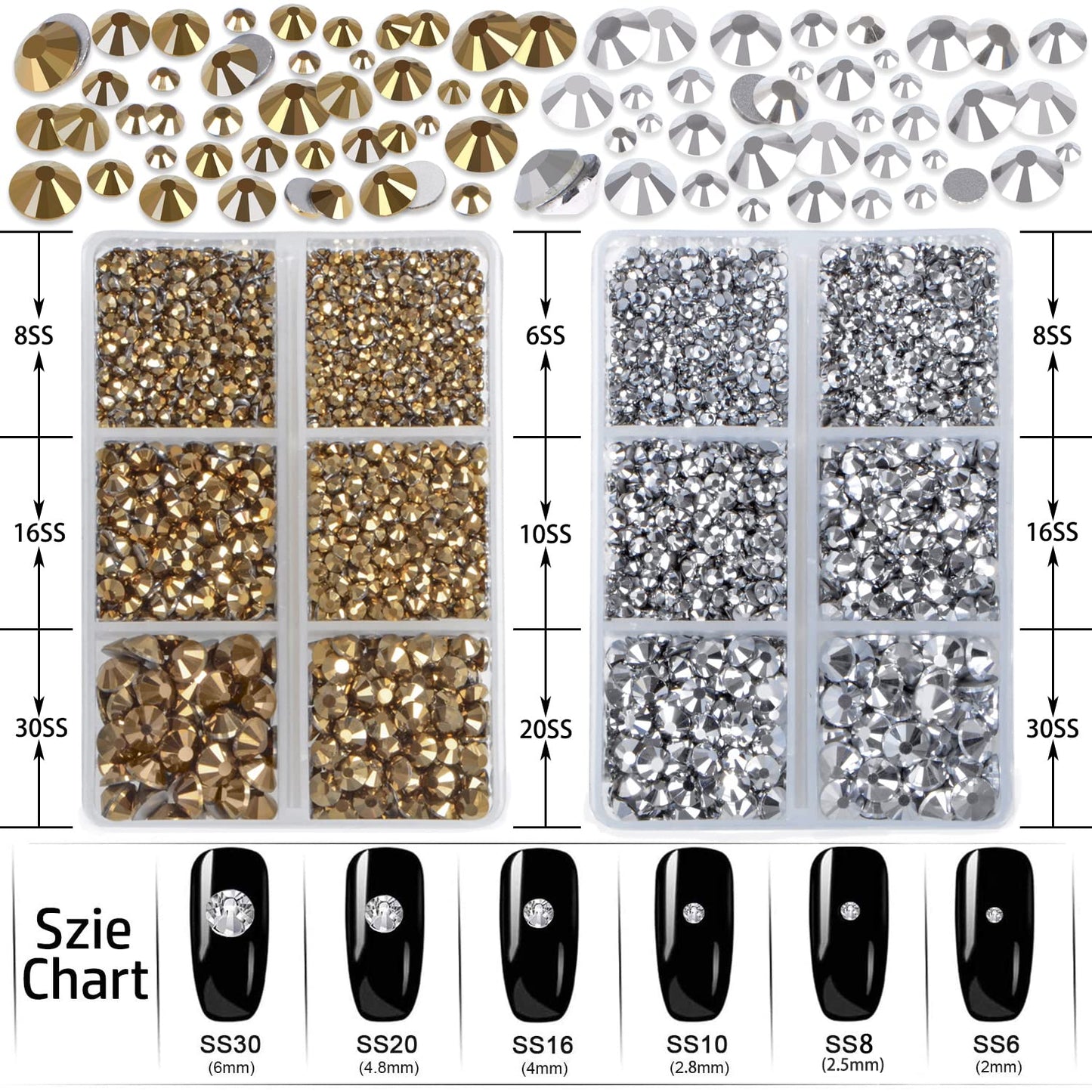 LPBeads 6000 Pieces Metallic Gold and Metallic Silver Non Hotfix Rhinestones 6 Sizes Round Crystal Glass Flat Back Rhinestones with Tweezers and Picking Pen for Nail Art Crafts Clothes Bags DIY