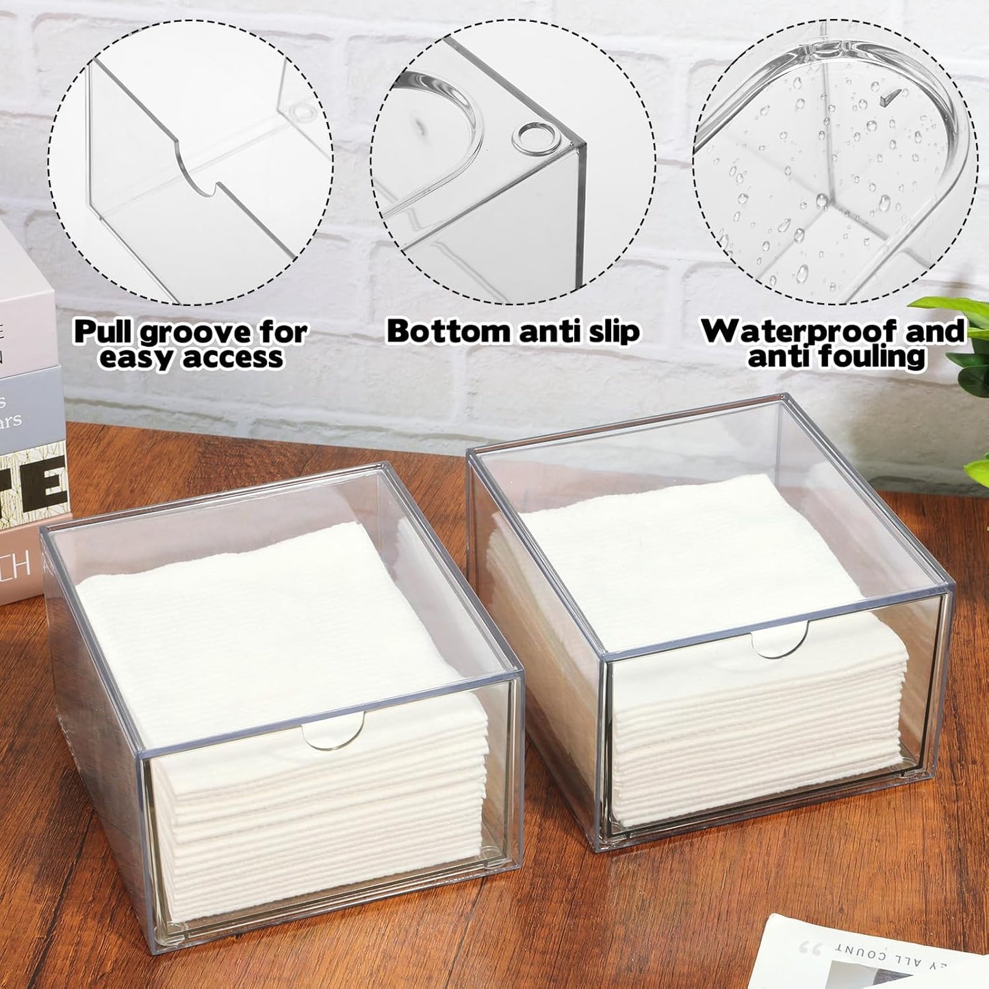 Rainmae 2 Pack Disposable Face Towel Holder, Face Towel Storage Box, Stackable Clear Makeup Organizer with Drawer for Clean Skin Club Face XL Towels Holder for Vanity Bathroom and Makeup Organization