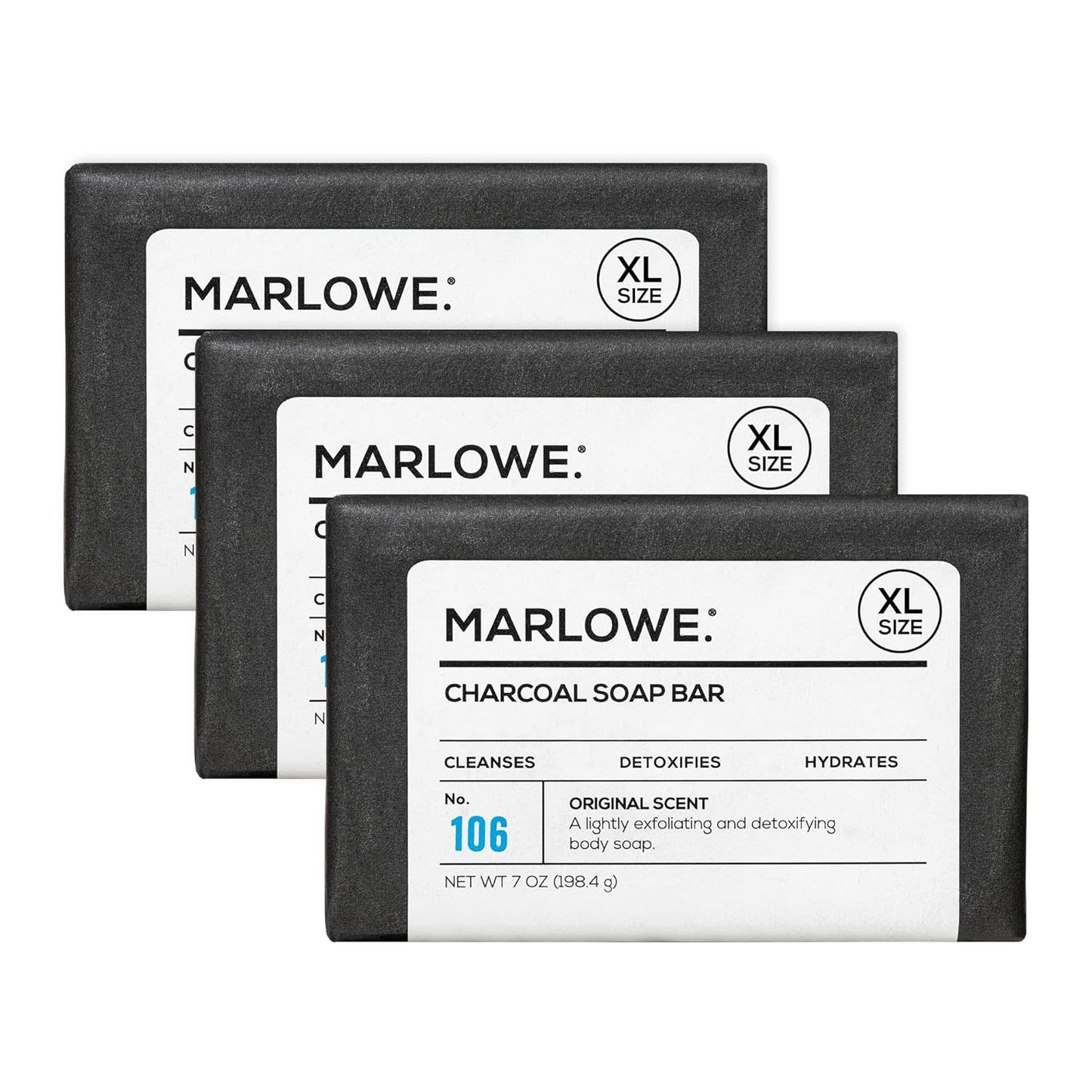 MARLOWE. No. 106 Charcoal Soap 7 oz (3 Bars) Body Bar Soap for Men, Cleansing, Purifying & Hydrating with Natural Extracts, Shea Butter, Olive Oil & Green Tea Extracts, Fresh Woodsy Scent