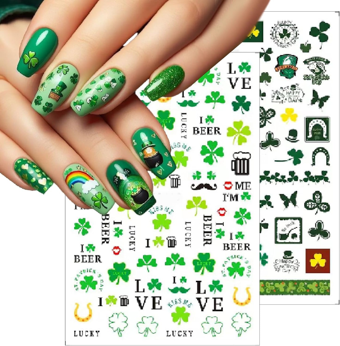 10 Sheets St. Patrick's Nail Art Stickers Green Shamrock 3D Self-Adhesive Four-Leaf Clover Nail Decoration Formal Hat Flag Nail Decals Lucky for Women Irish Spring Summer Design Manicure Decor