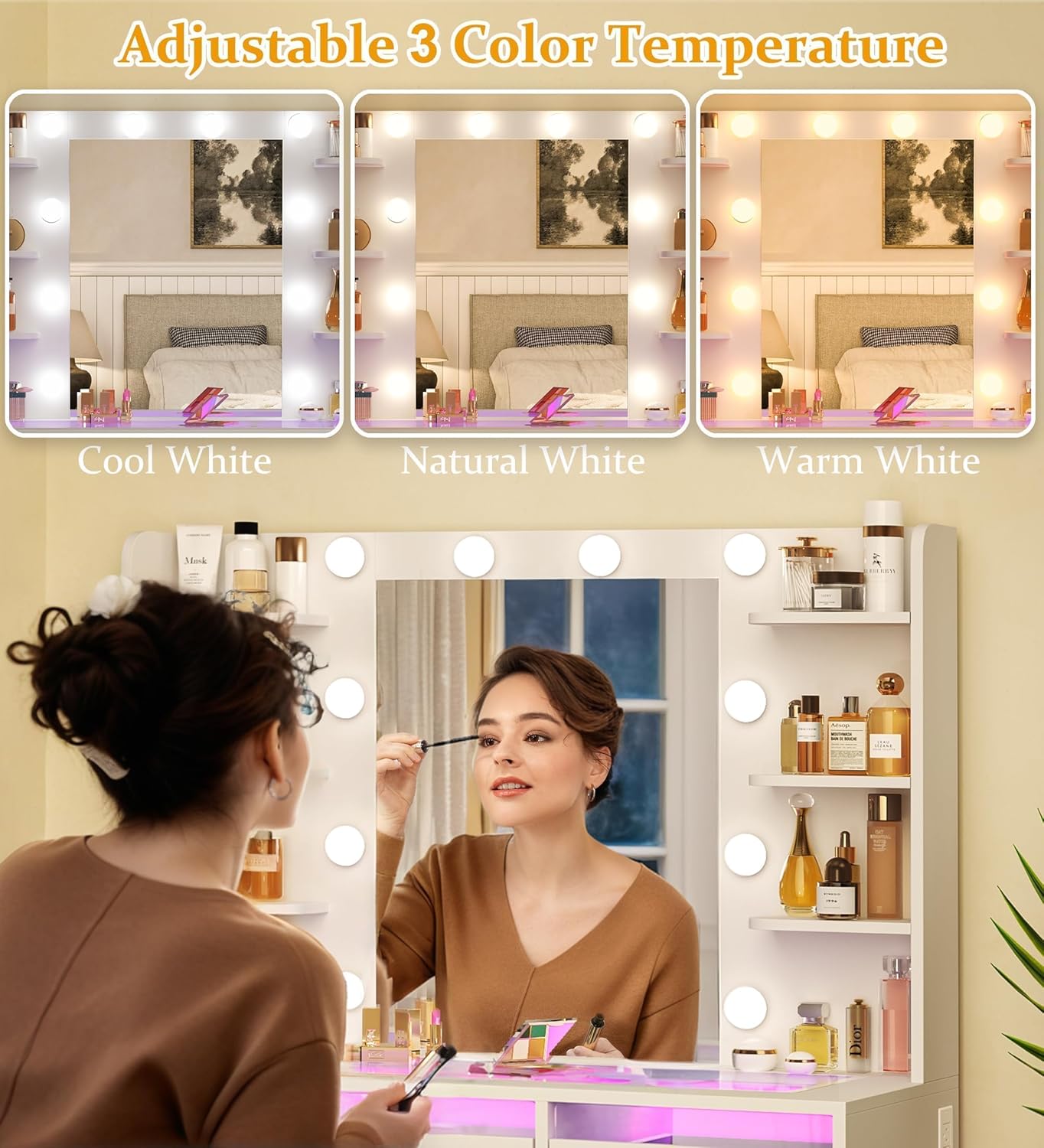 Vanity Desk with Mirror and Lights, Makeup Vanity Desk with Lights 3 Colors, Transparent Top Vanity with 2 RGB Drawers, 6 Shelves, Large Tempered Cabinet, Power Outlet, for Bedroom, White