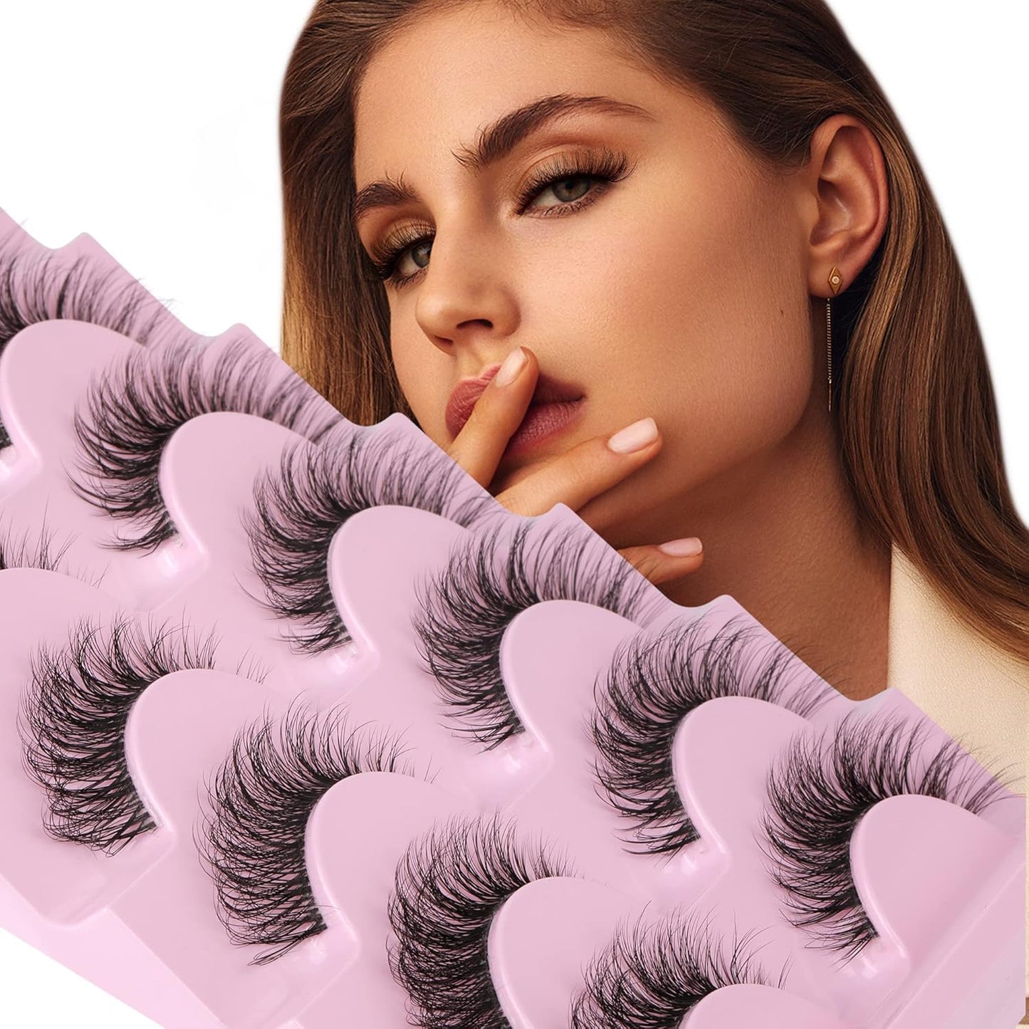 JIMIRE False Eyelashes with Clear Band 3D Fluffy Lashes Demi-wispies Natural Look Cat Eye Faux Mink Fluttery Eyelashes 15MM D Curl Eye Lashes Pack 7 Pairs