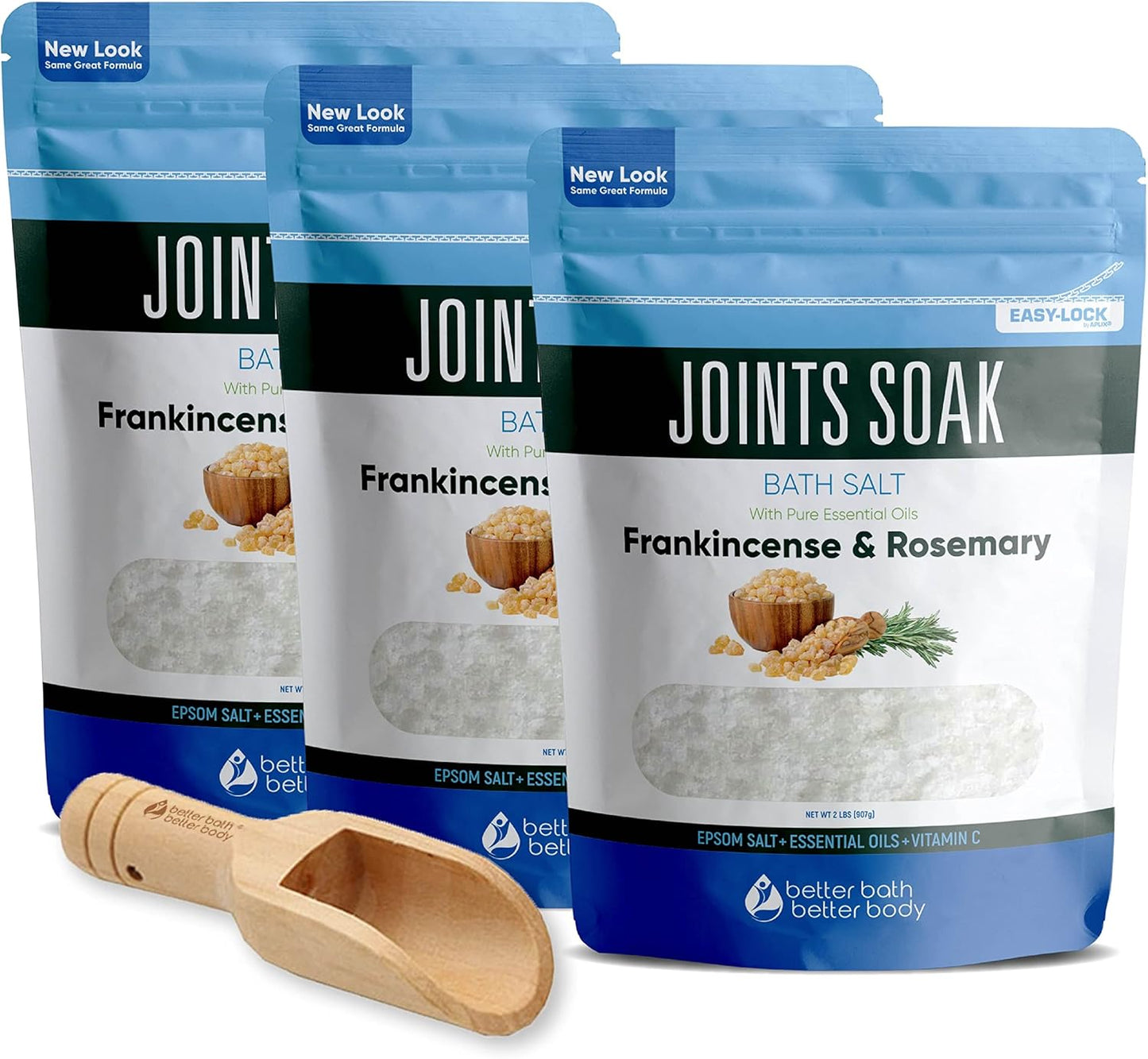 Joints Bath Soak (3 Pack with Scoop) Soothing Epsom Salt with Rosemary and Frankincense Essential Oils Plus Vitamin Crystals in BPA Free Pouch Three 2 lbs Pouches 6 Lbs Total