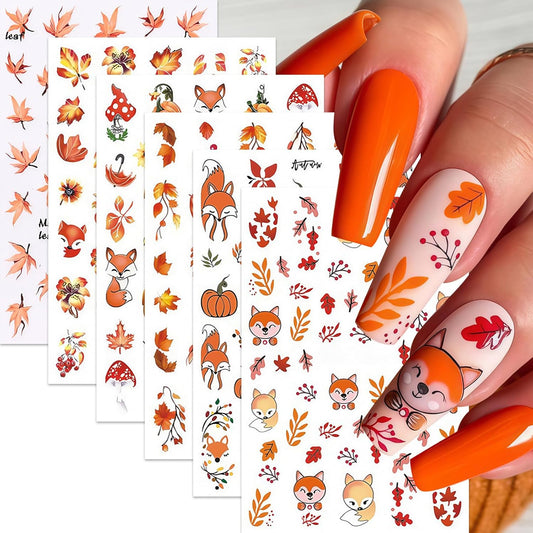6Pcs Maple Leaf Nails Stickers,Fall Maple Leaf Nail Art Sticker Thanksgiving Pumpkin Nail Stickers for Nails Art Cute Fox Pine Mushroom Ginkgo Nail Decals Leaf Nails Design Nail Supplies for Women