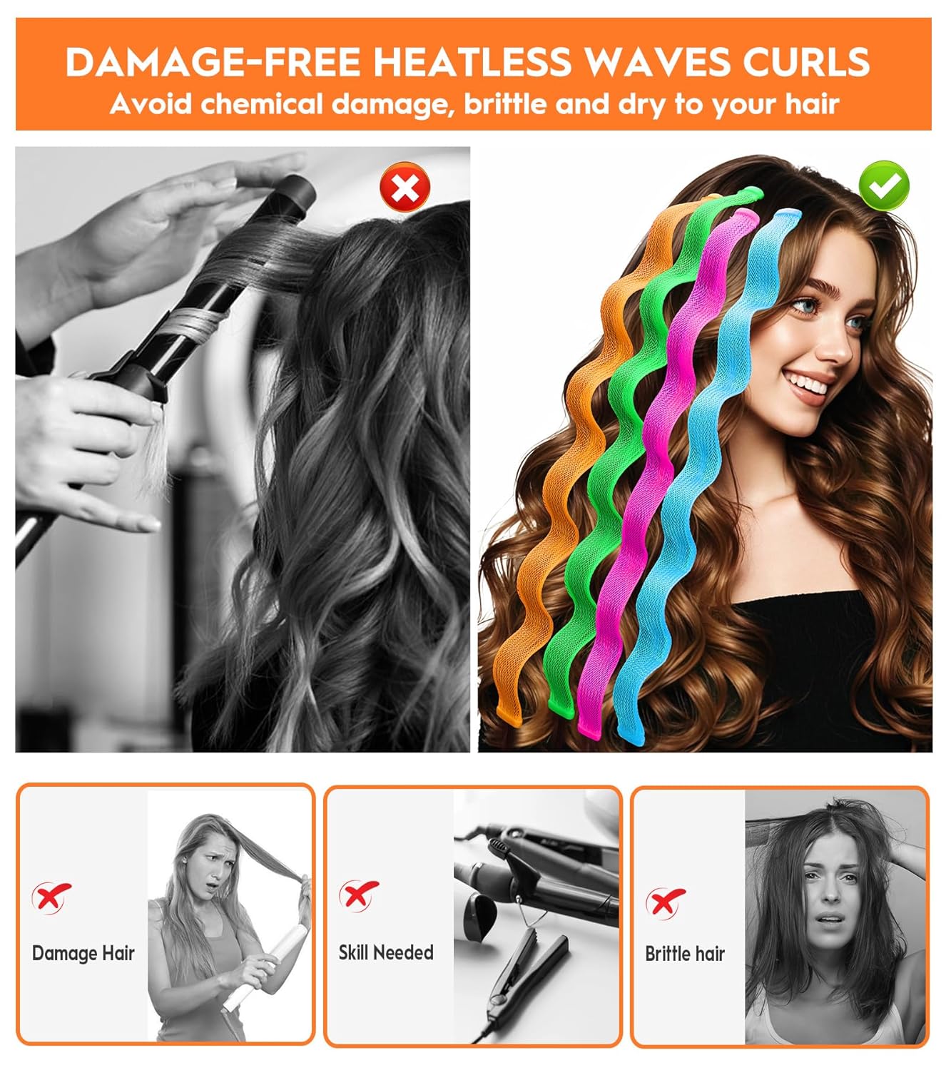 42 Pieces Heatless Waves Hair Curler, No Heat Damage Wavy Hair Curlers with 2 Sets of Styling Hooks, Heatless Curls for Women Girls Long Medium Short Hair(4 Colors,55cm/ 21.65")