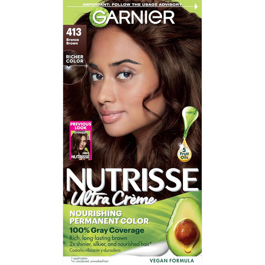 Garnier Hair Color Nutrisse Nourishing Creme, 413 Bronze Brown (Bronze Sugar) Permanent Hair Dye, 1 Count (Packaging May Vary)