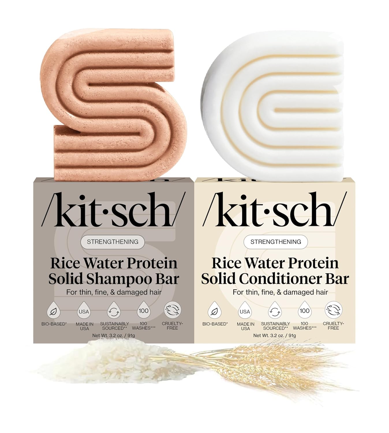 Kitsch Rice Water Shampoo & Conditioner Set – Solid Shampoo & Conditioner Bar with Protein for Hair Growth, Strengthening Hair & Damage Repair – Paraben, Sulfate & Silicone Free – 2 Pack