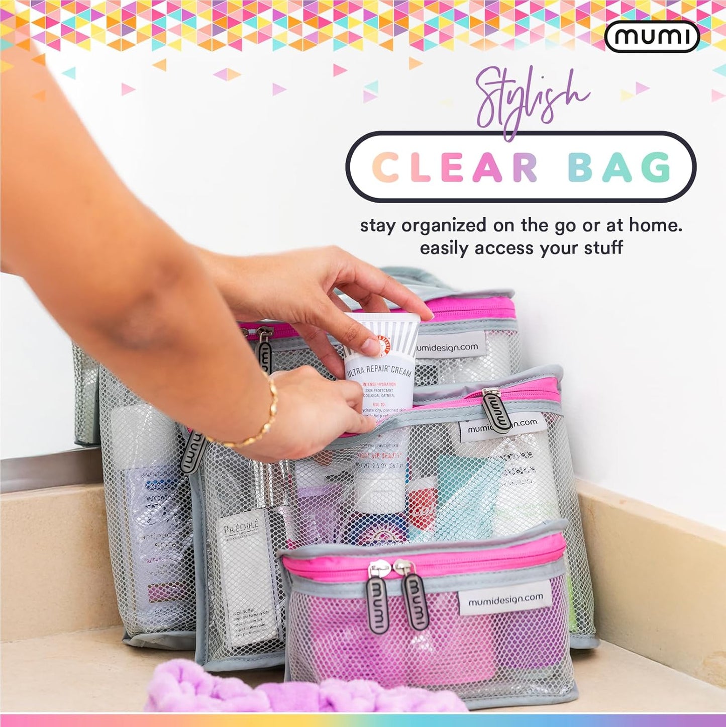 MUMI Travel Toiletry Bag Set of 3 – Clear TSA Approved Toiletry Bags for Women – Reusable Water-Resistant Makeup Organizer Pouches for Skincare, Cosmetics, Travel Accessories, Airport Packing - Purple