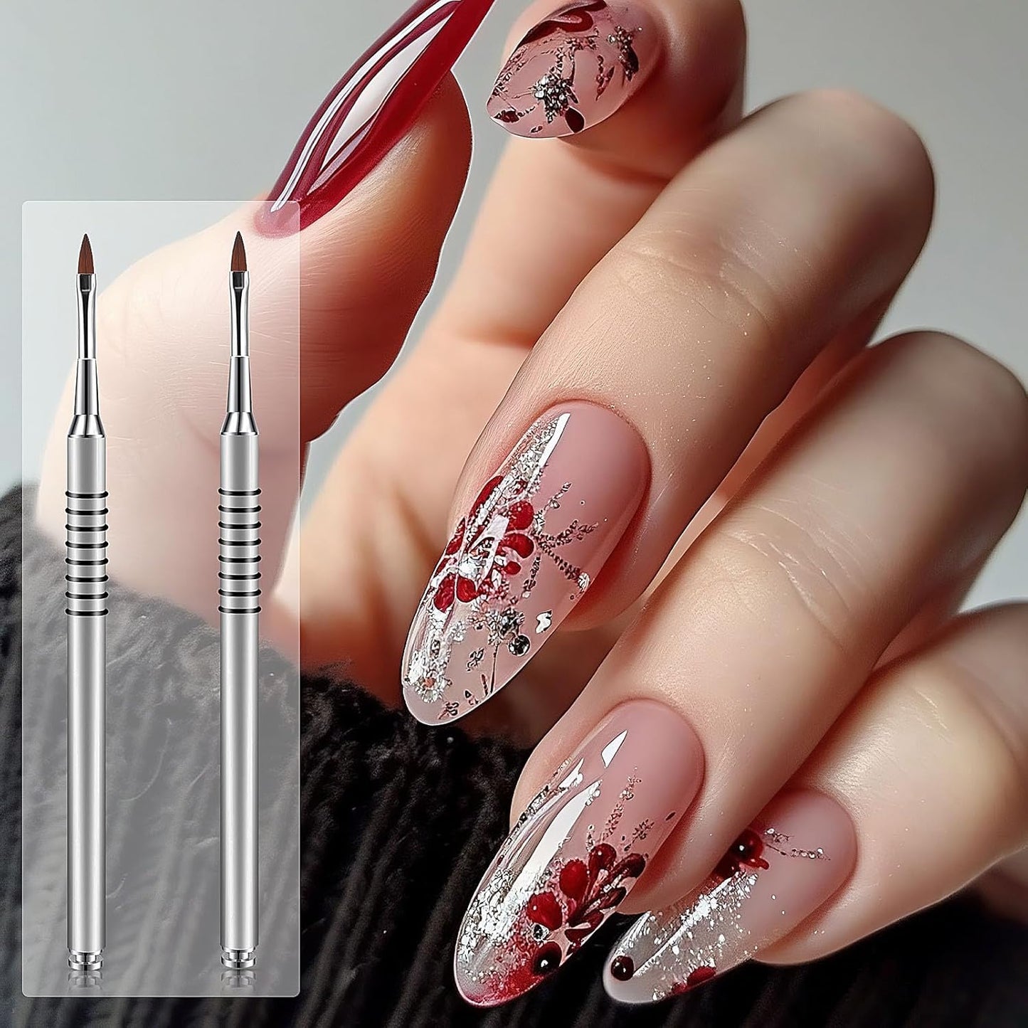 2 Pack 3D Nail Art Brush for Acrylic, Kolinsky Acrylic Nail Brushes Set, Nail Lining Brush Nail Salon Painting Brush Pen with Non-Slip Handle, Silver Metal Nail Art Pen (Size #2)