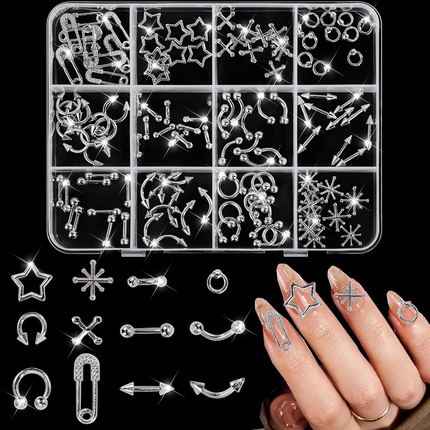 120 Pcs Silver Nail Charms and Gems – Variety of 3D Acrylic Cross Charms for Nails, Sturdy & Easy-to-Apply Nail Decorations for DIY & Professional Use, Versatile for Y2K & Daily Manicure Designs A