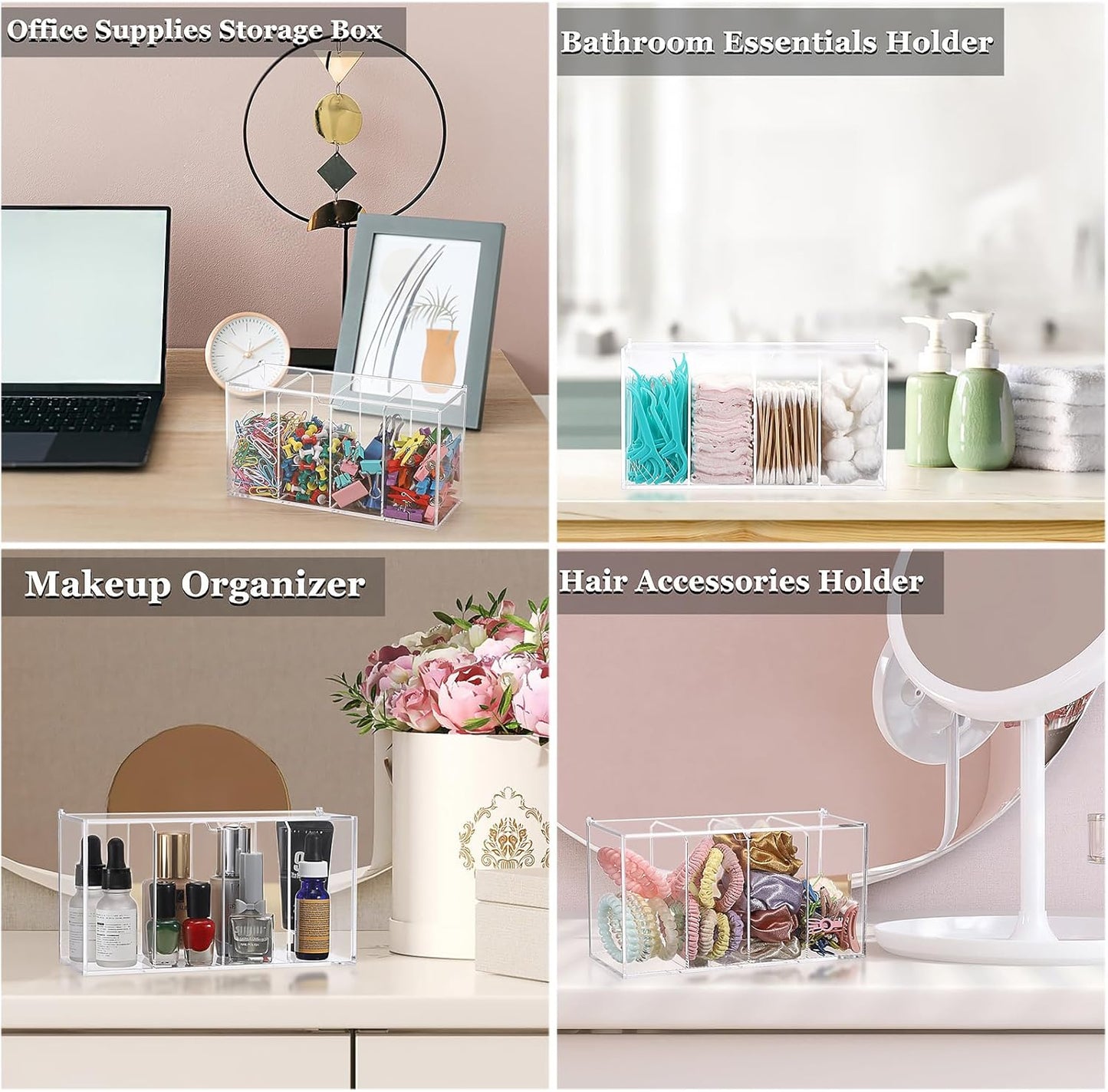 ELLDOO Lash Extension Organizer Box with Lid, Acrylic Eyelash Supplies Organizer Storage Box, 4 Compartments Bathroom Supplies Storage Container for Cotton Swabs, Balls, Pads, Floss Picks