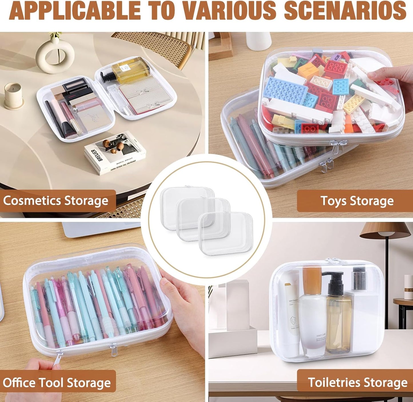 Clear Hard Shell Zipper Case 3 PCS Clear Cosmetic Make up Bag Waterproof Travel Toiletry Bag for Women, Hard Plastic Zipper Pouches Portable Travel Storage Organizer Bins (White, 8"x4"x2")