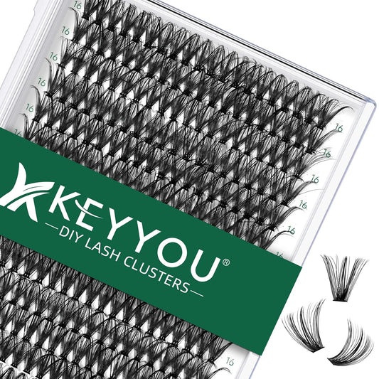 Lash Clusters 300pcs Individual Lashes 40D 0.07D Curl 16mm DIY Eyelash Extension KEYYOU Large Tray Volume Soft&Natural Cluster Lashes(40D-0.07D,16）